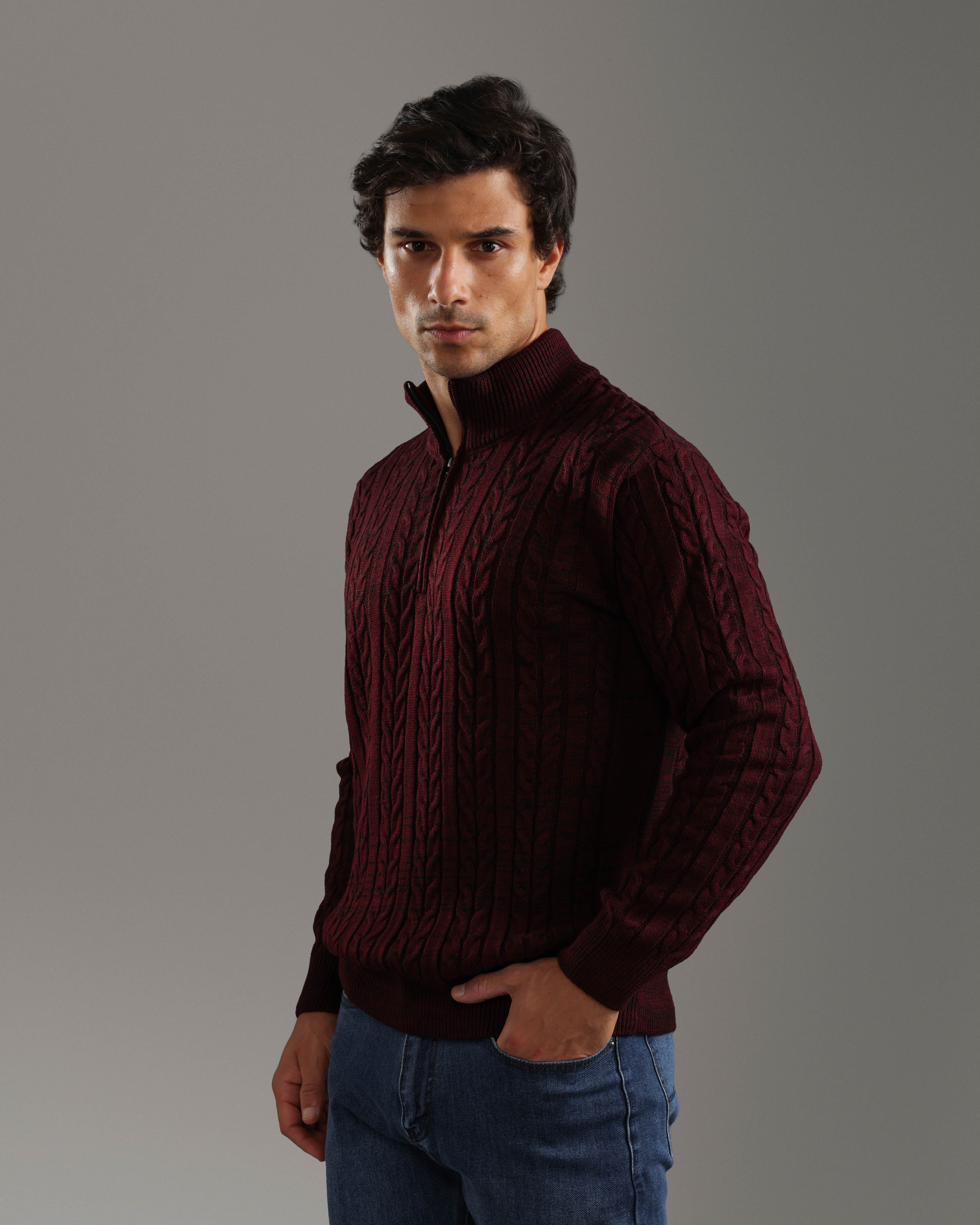 Burgundy Cable Knit Half-Zip Sweater