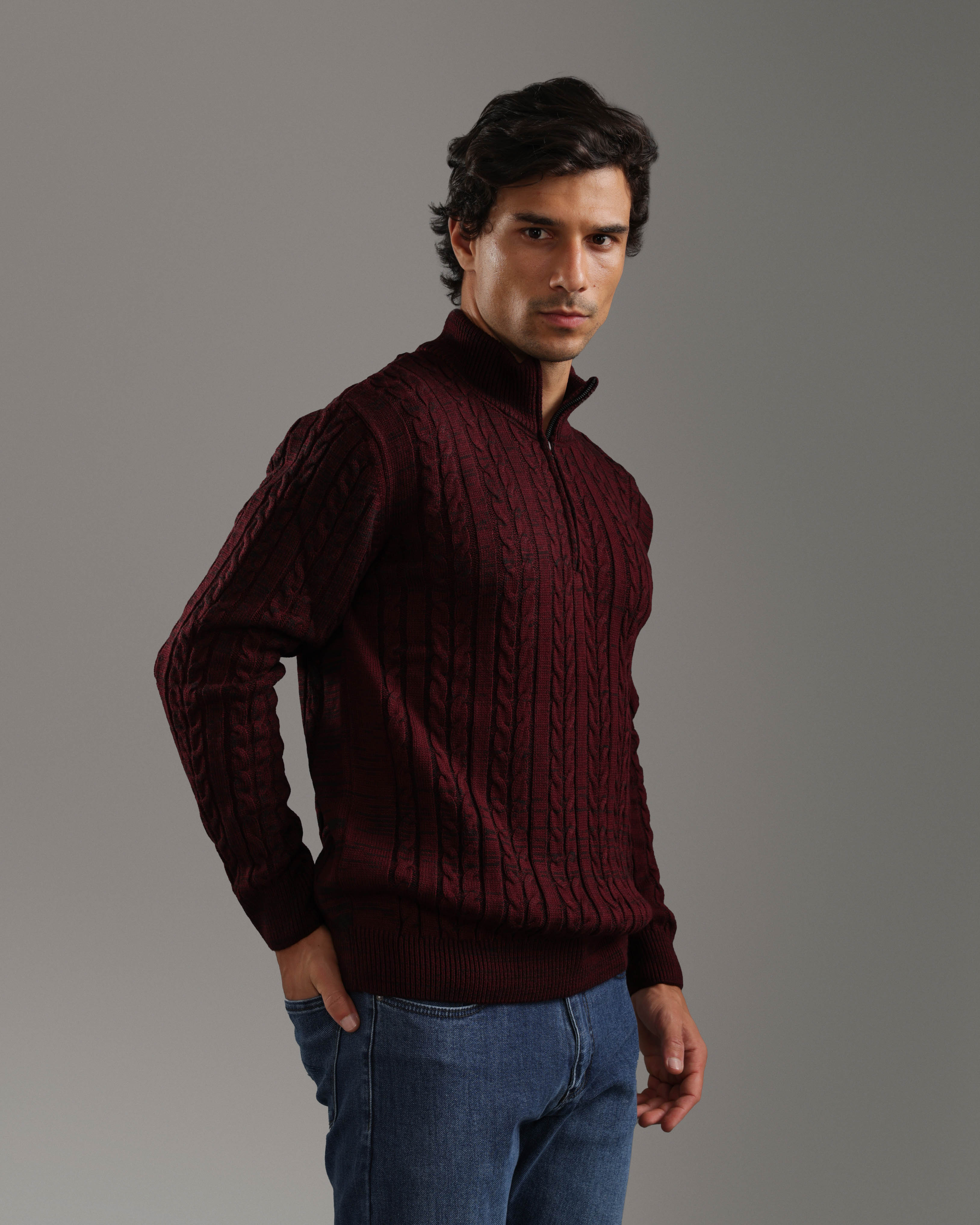 Burgundy Cable Knit Half-Zip Sweater