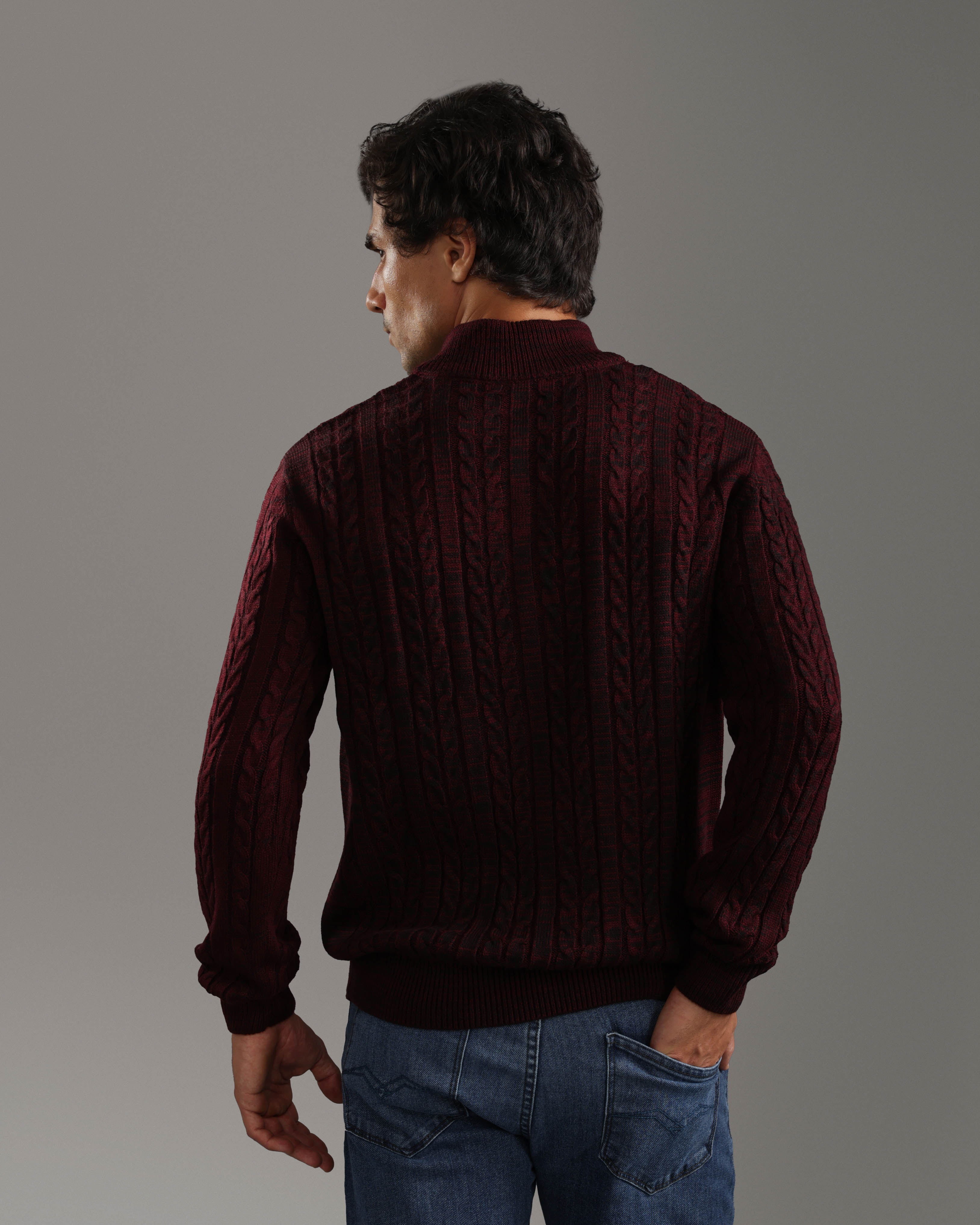 Burgundy Cable Knit Half-Zip Sweater