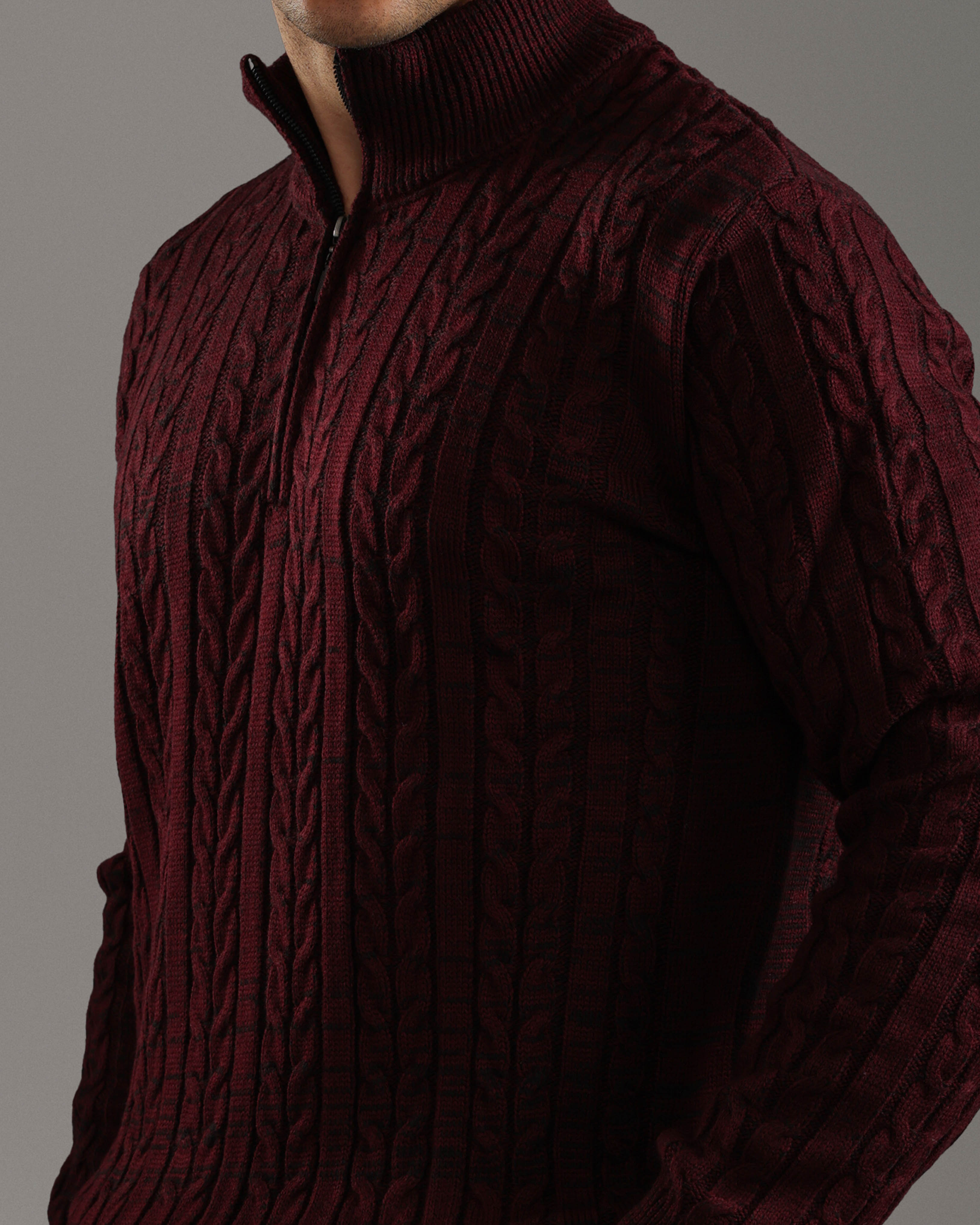 Burgundy Cable Knit Half-Zip Sweater