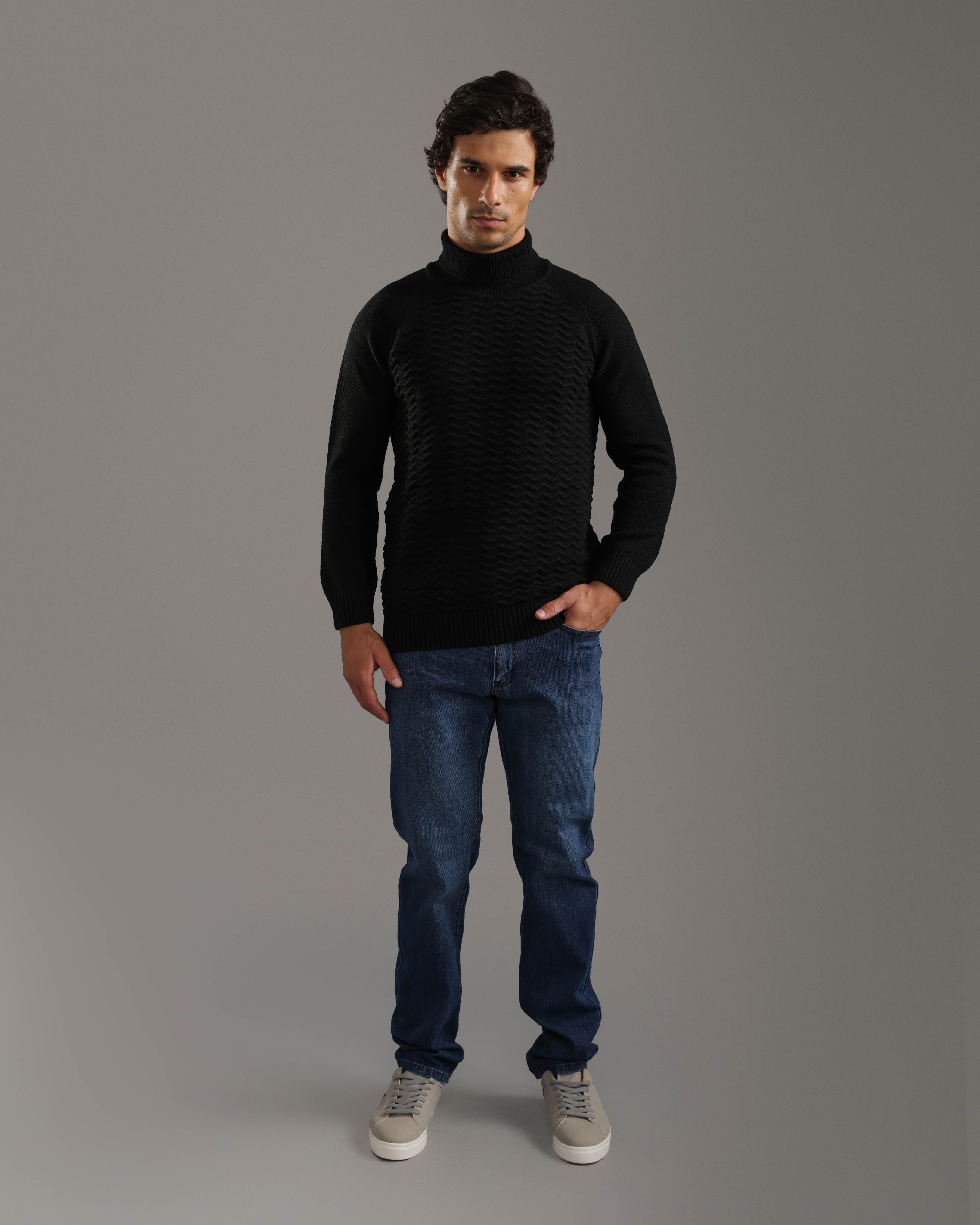 Black Textured Turtleneck Sweater