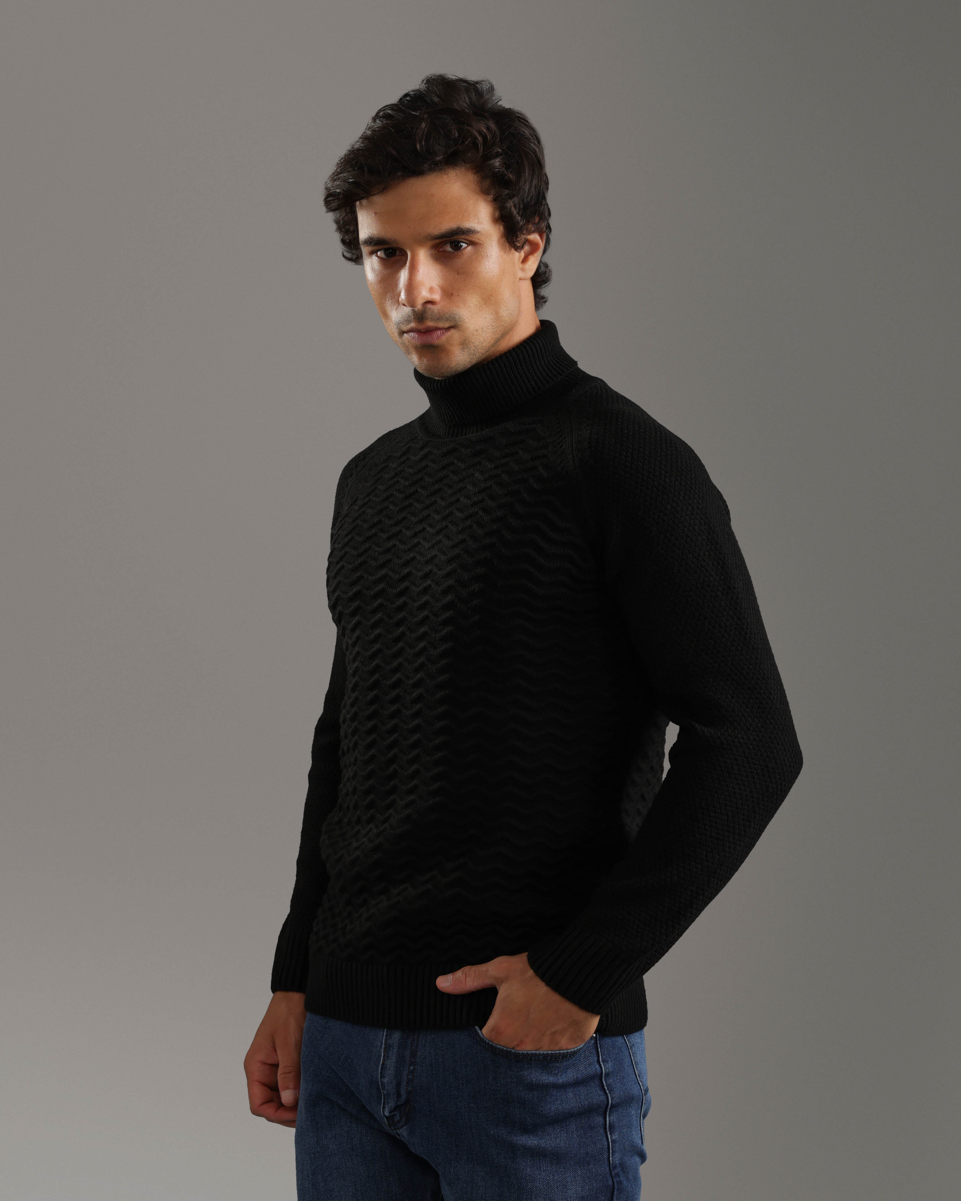 Black Textured Turtleneck Sweater