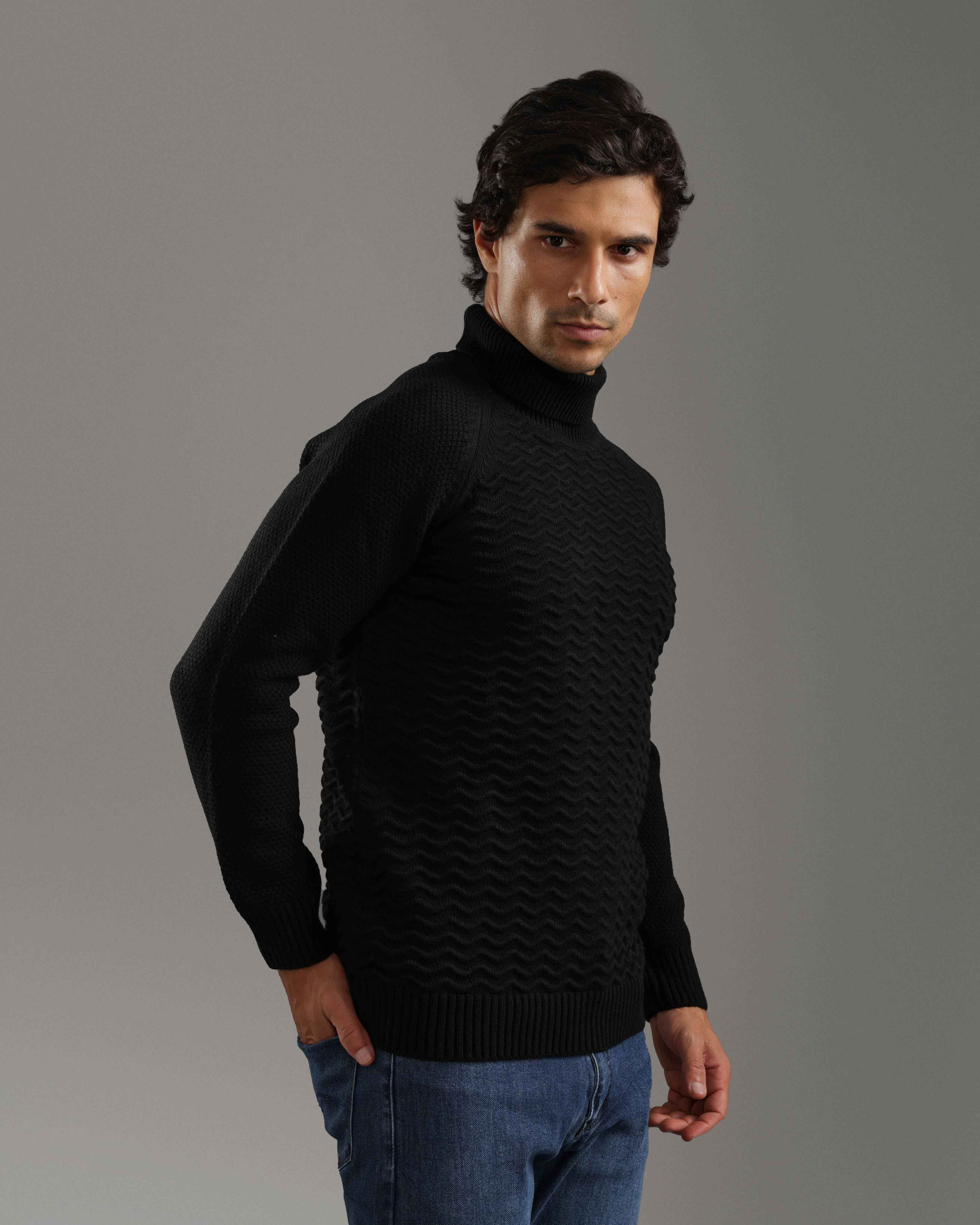 Black Textured Turtleneck Sweater