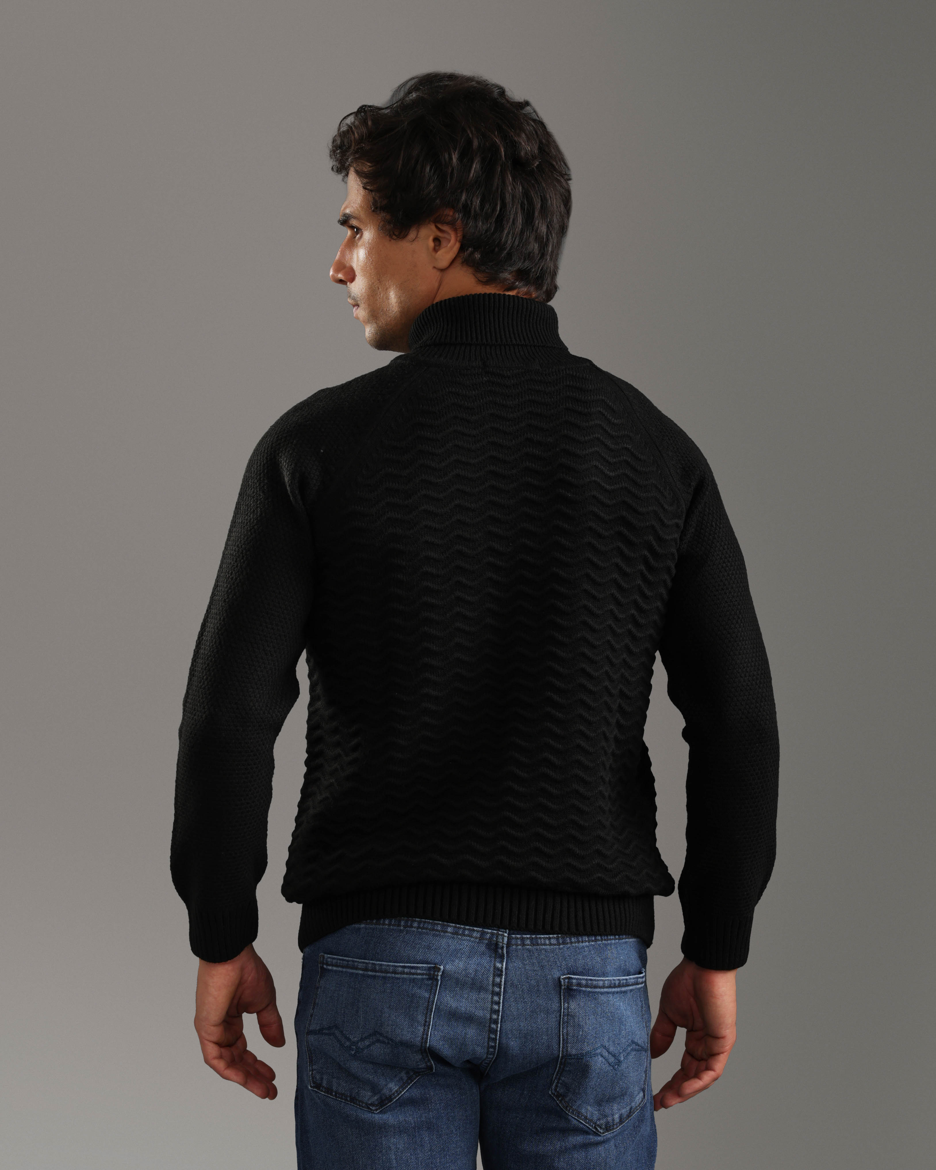 Black Textured Turtleneck Sweater