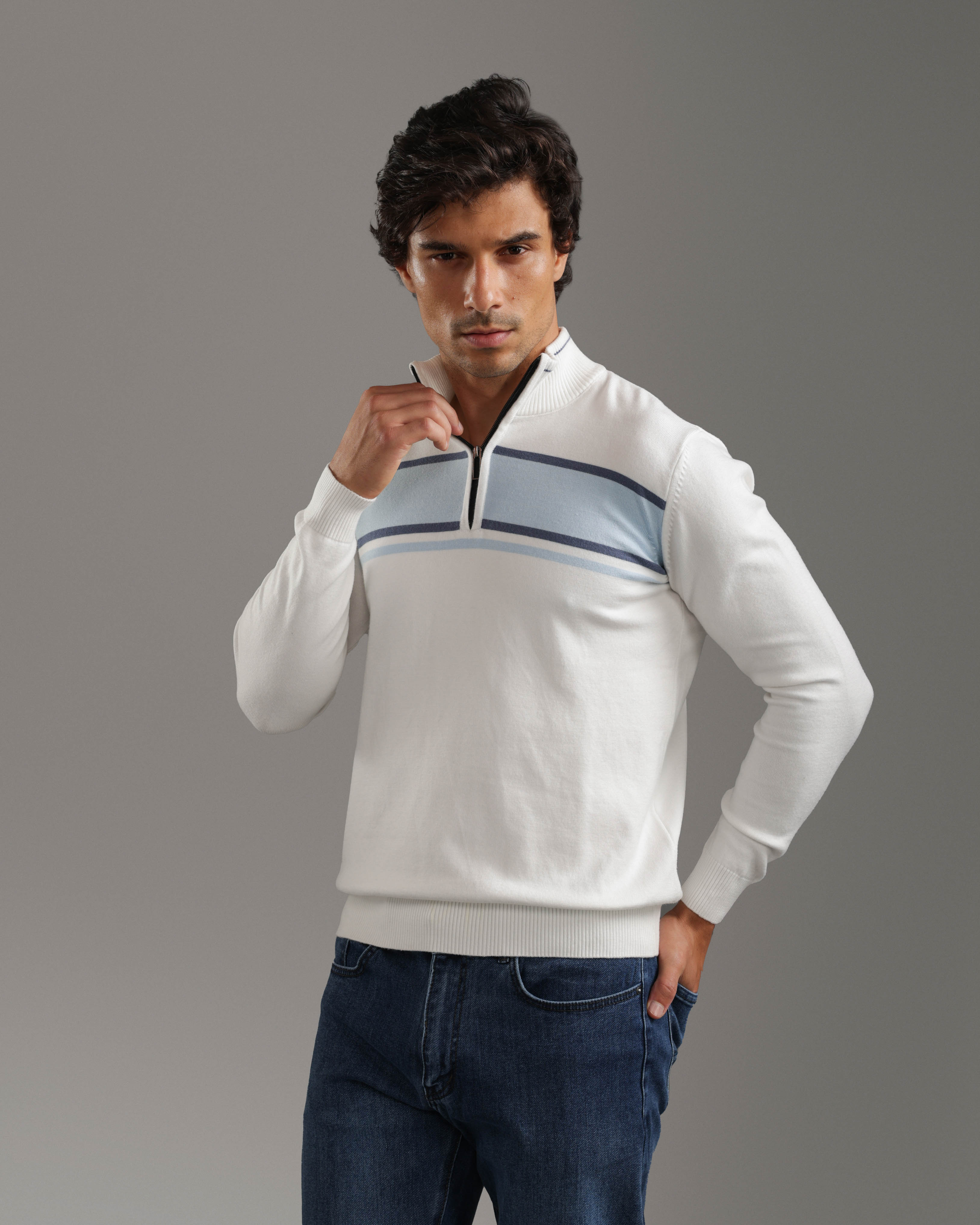 Off White Quarter-Zip Knit Sweater