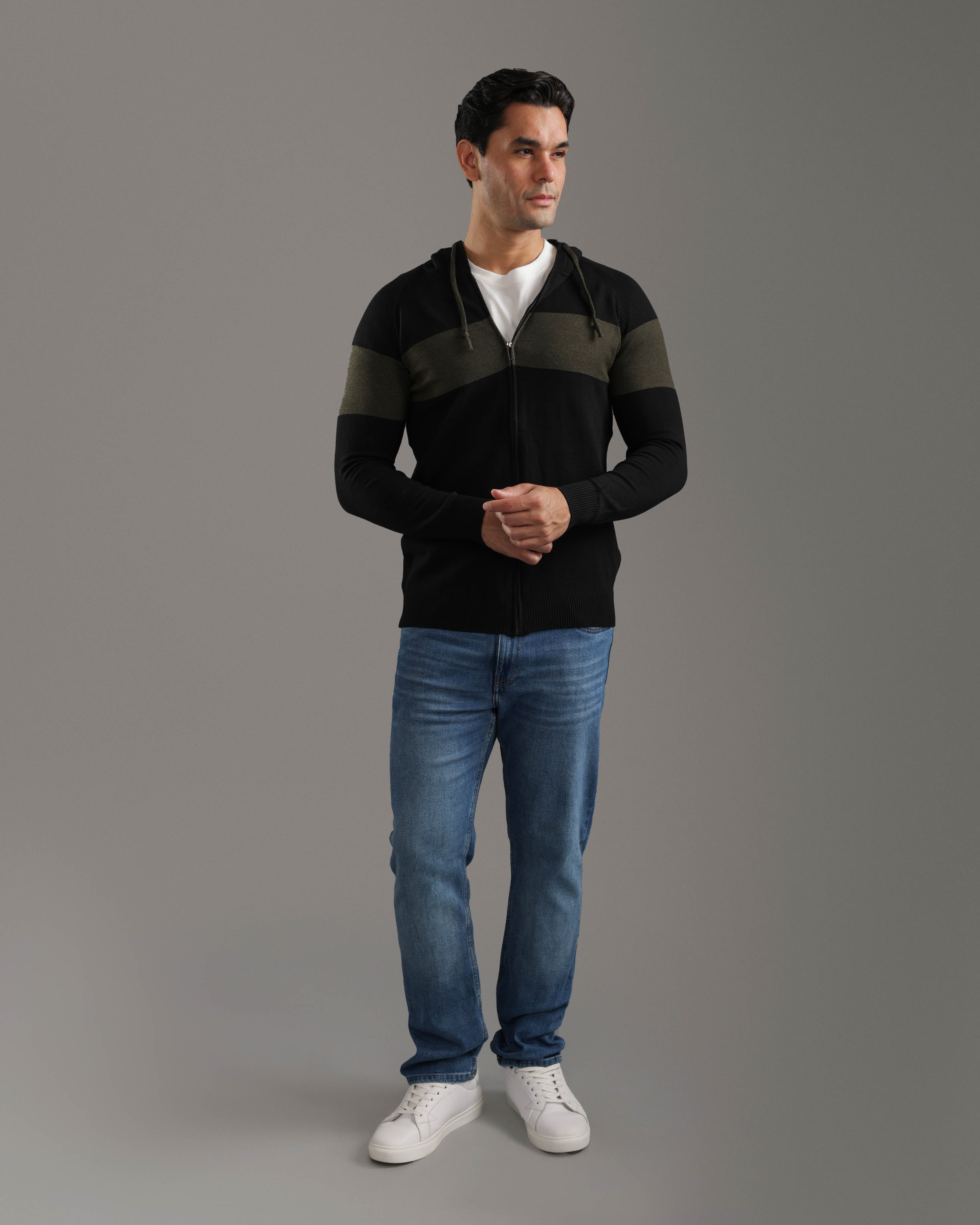 Black Zip-Up Knitted Hoodie