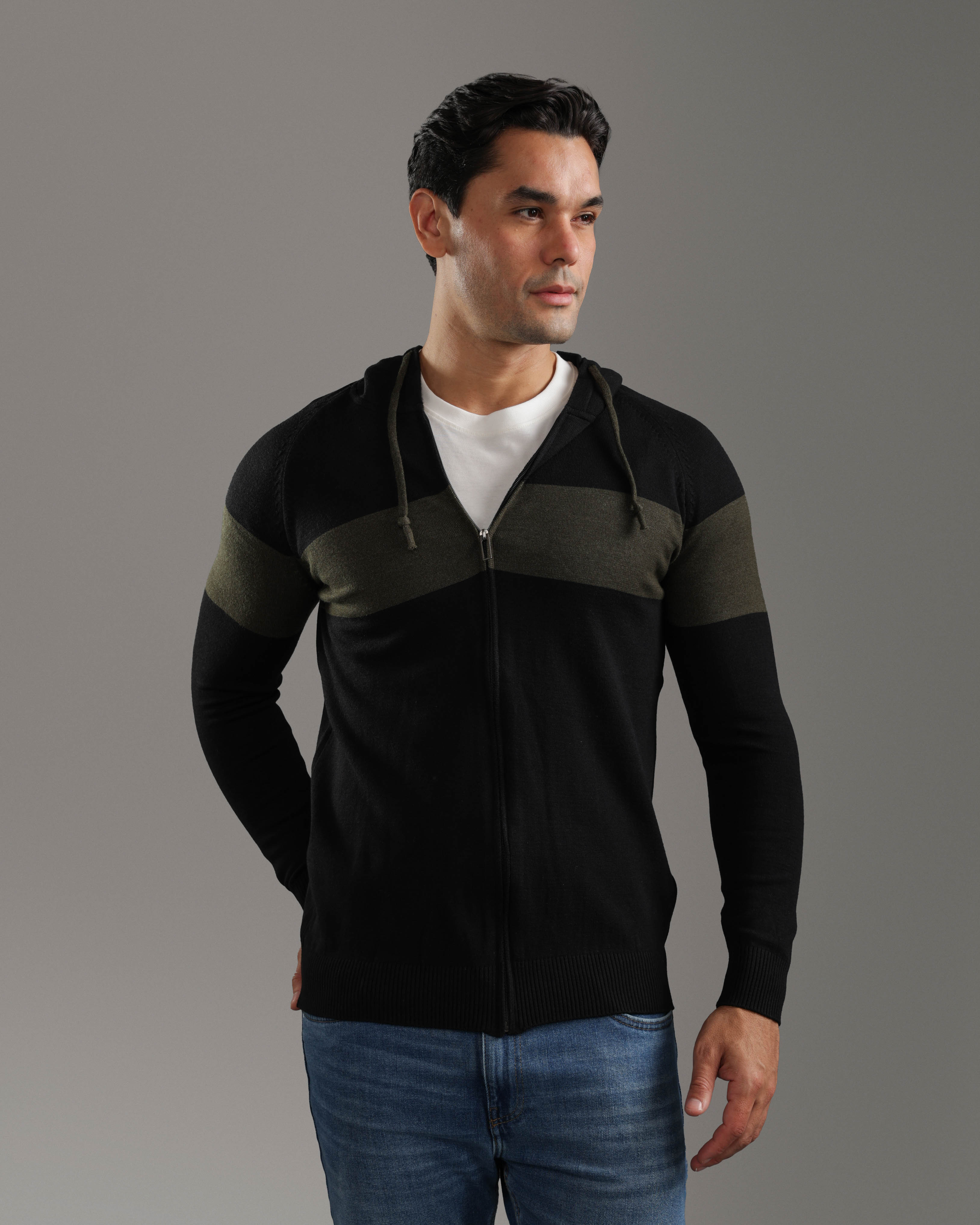 Black Zip-Up Knitted Hoodie