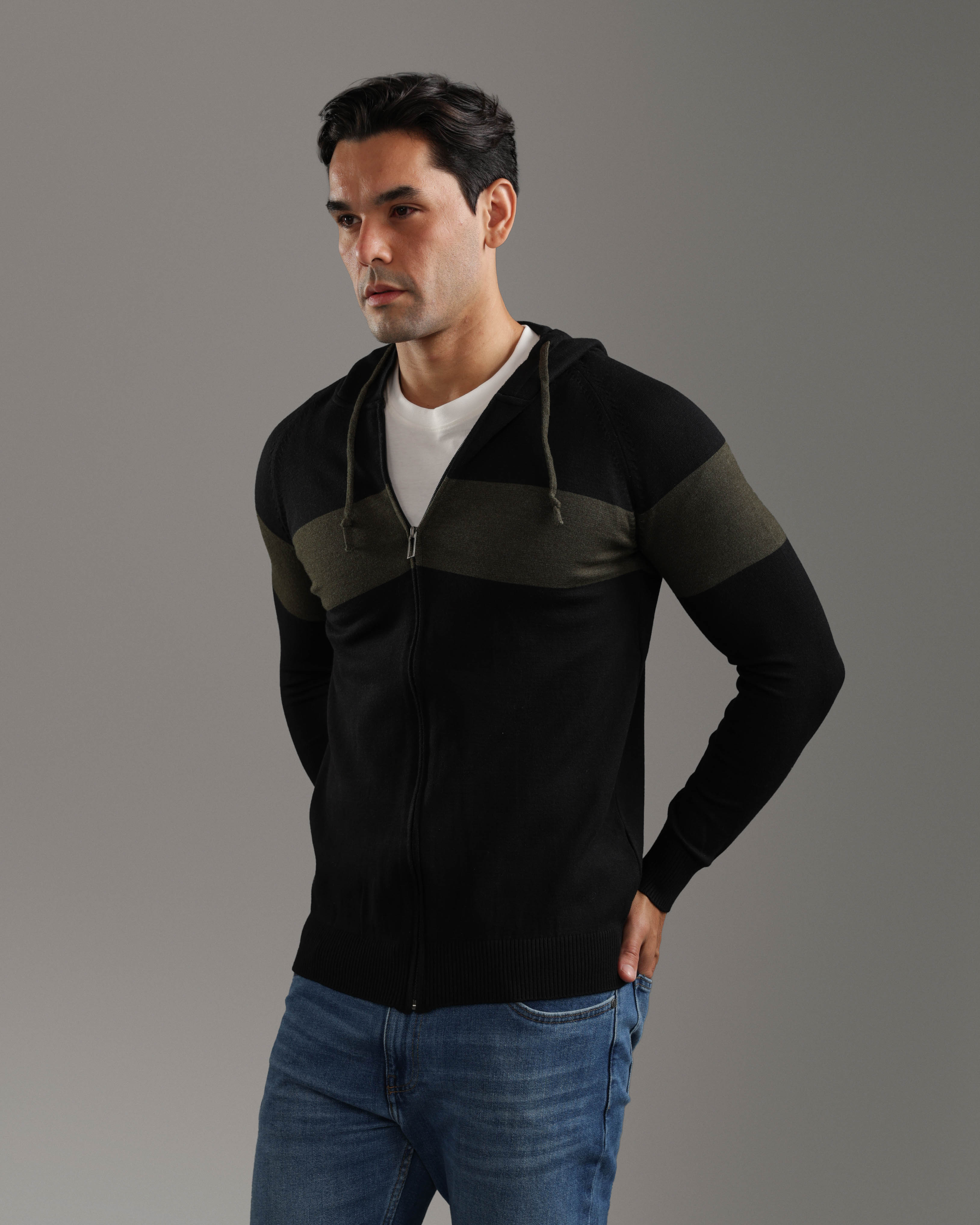 Black Zip-Up Knitted Hoodie