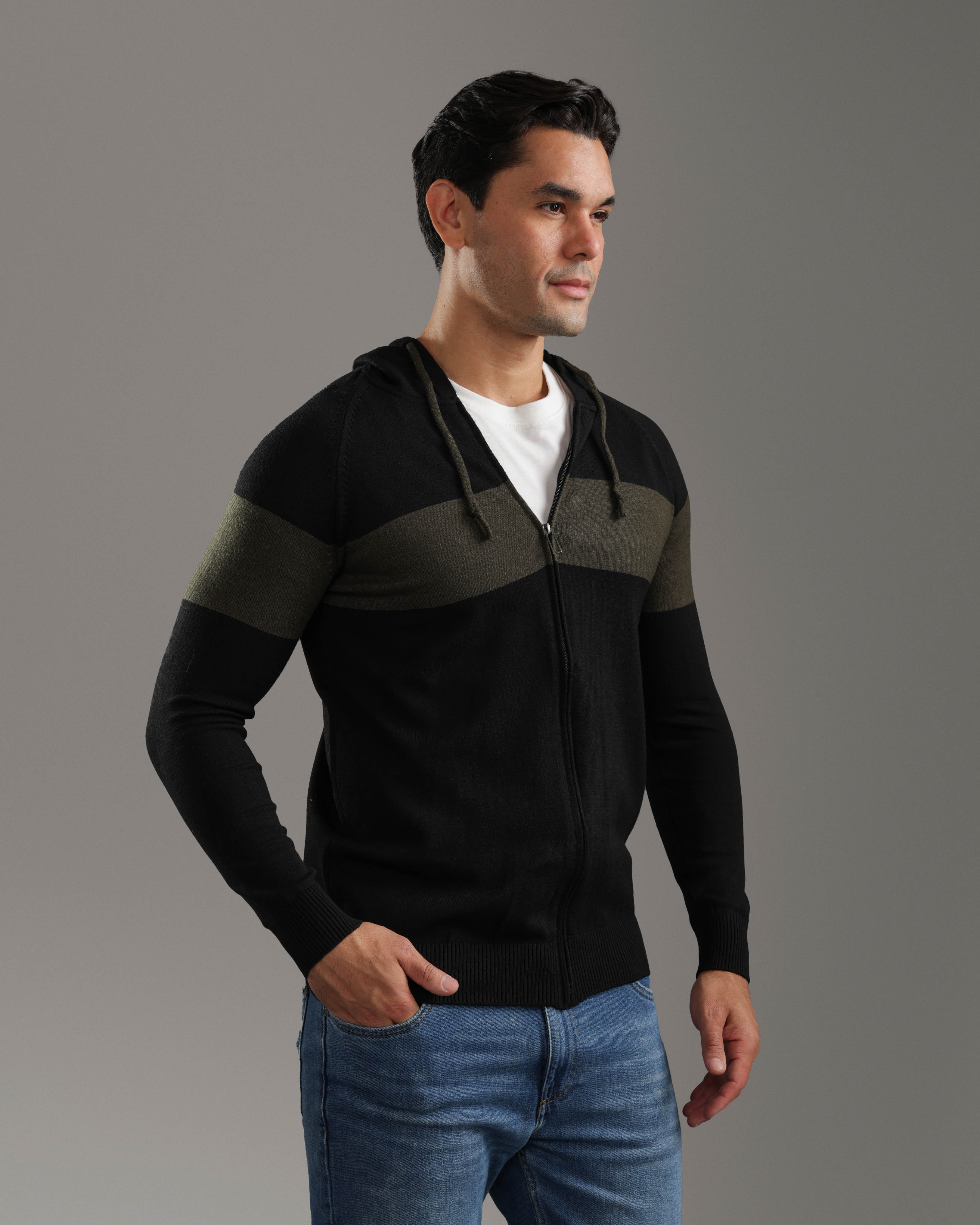 Black Zip-Up Knitted Hoodie