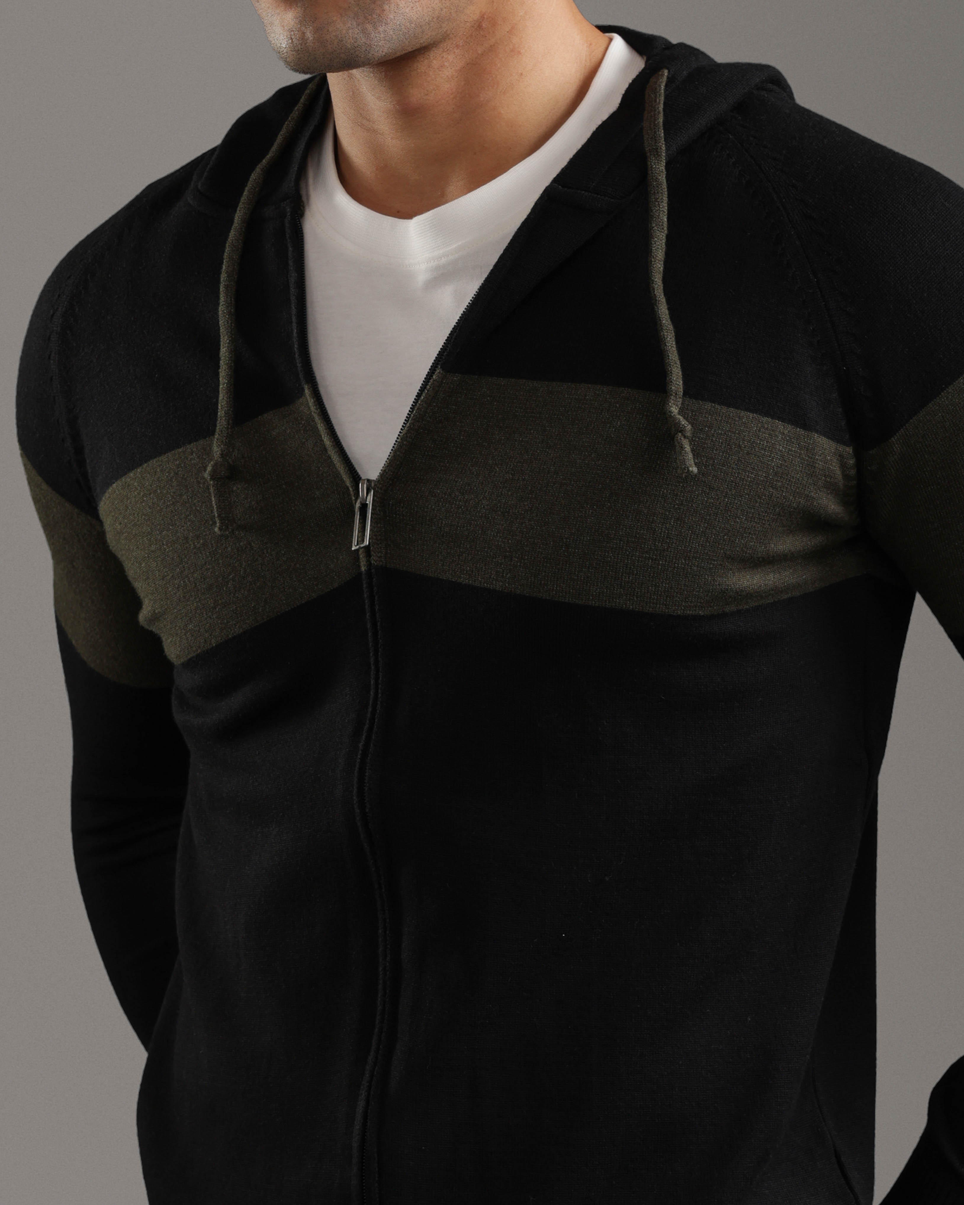 Black Zip-Up Knitted Hoodie