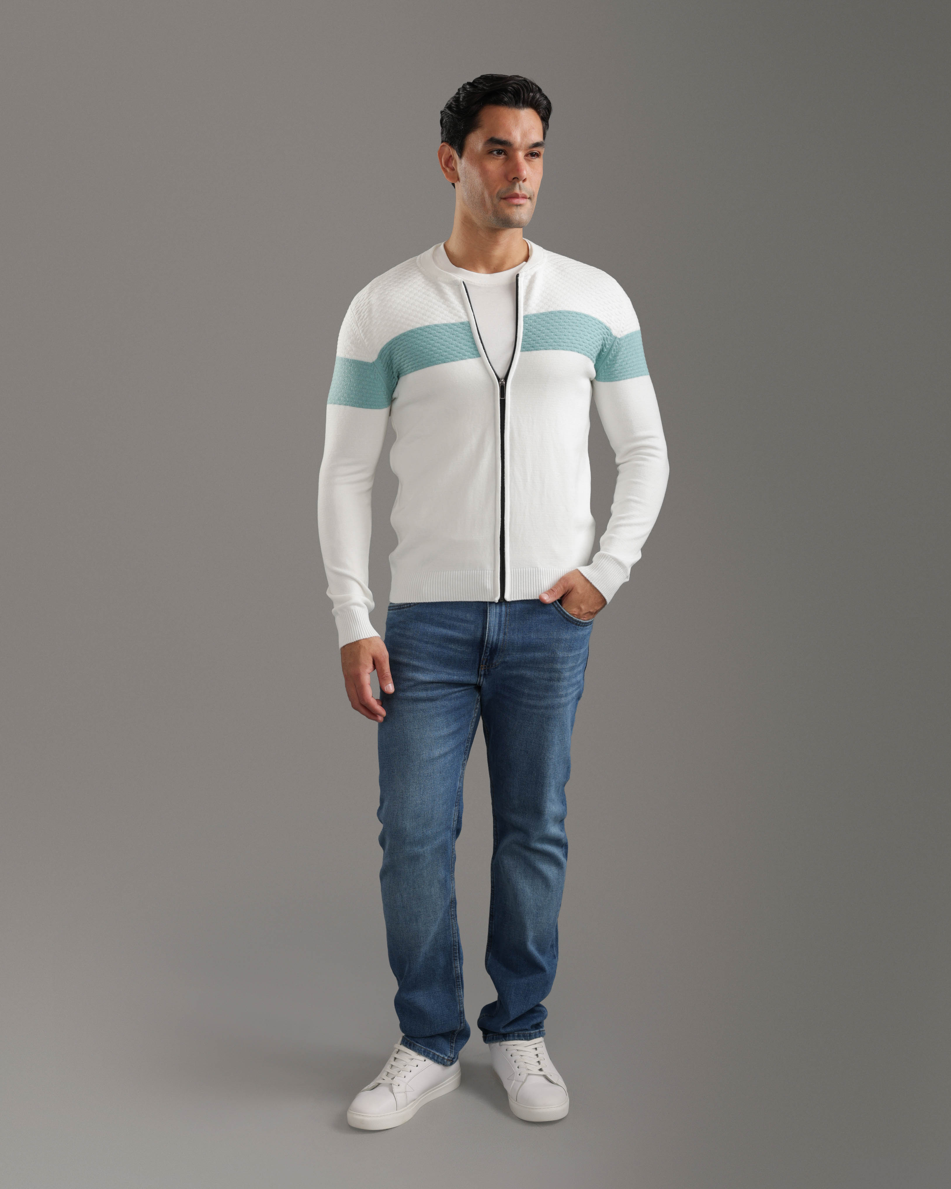 White Textured Zip-Up Sweater