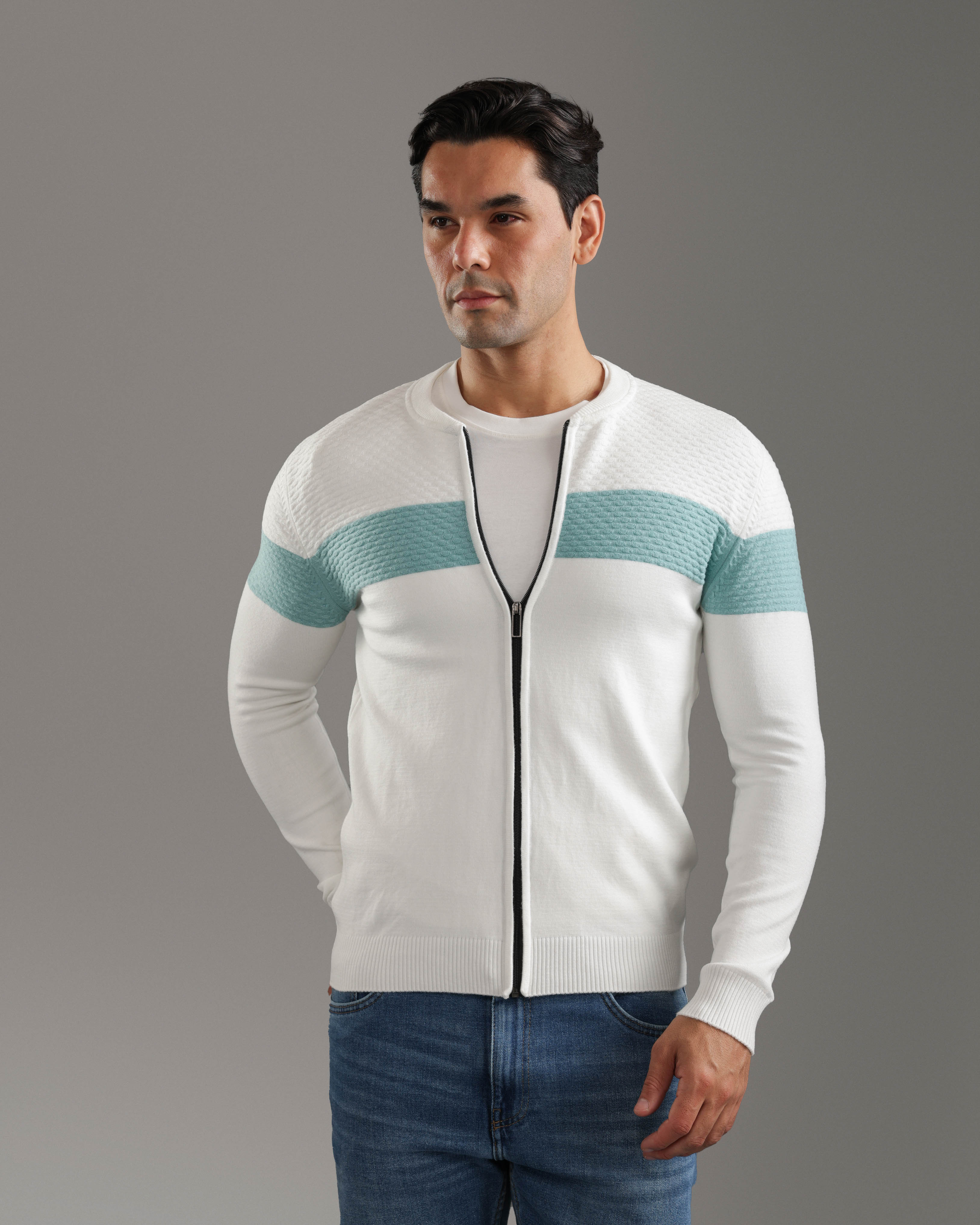 White Textured Zip-Up Sweater