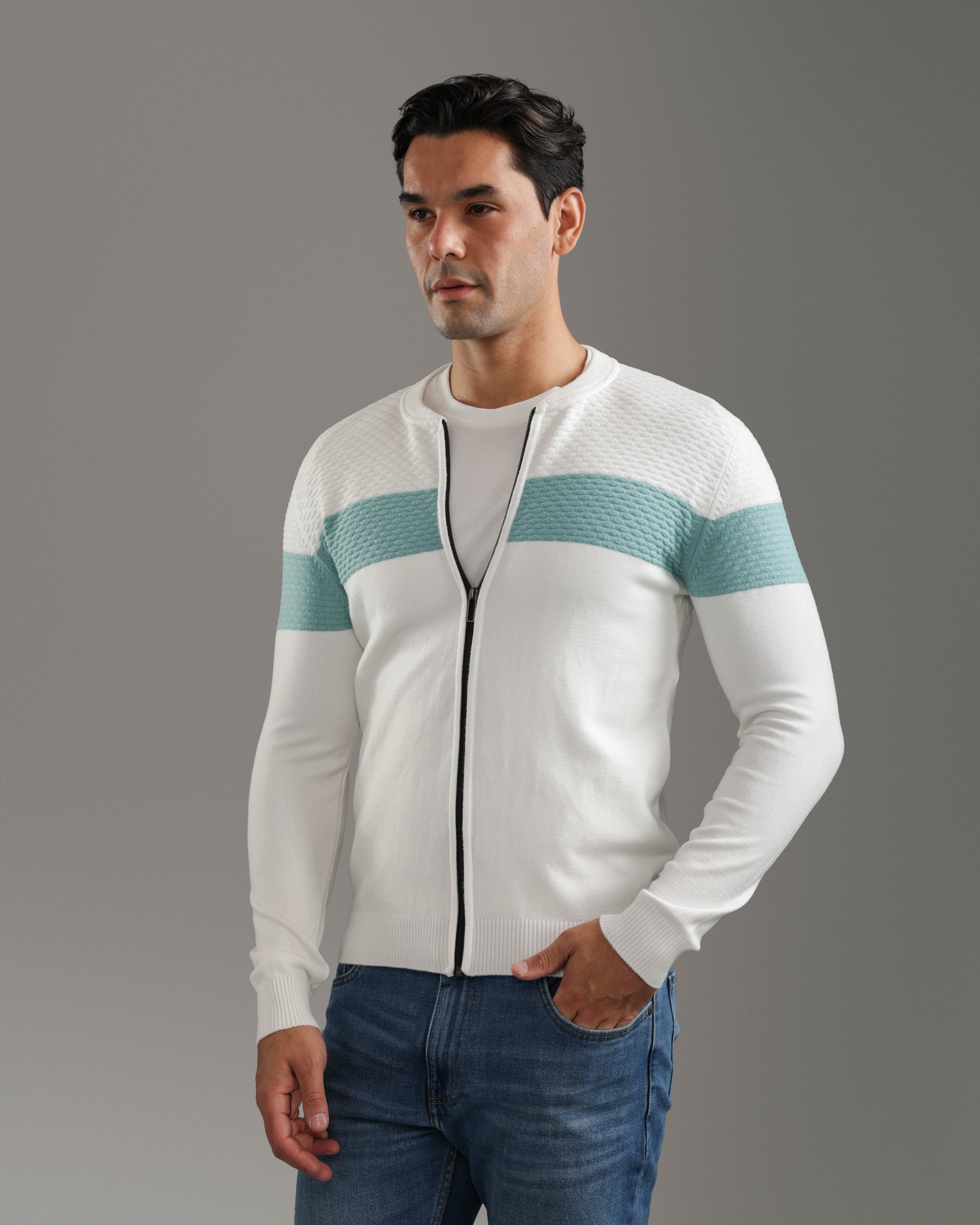 White Textured Zip-Up Sweater