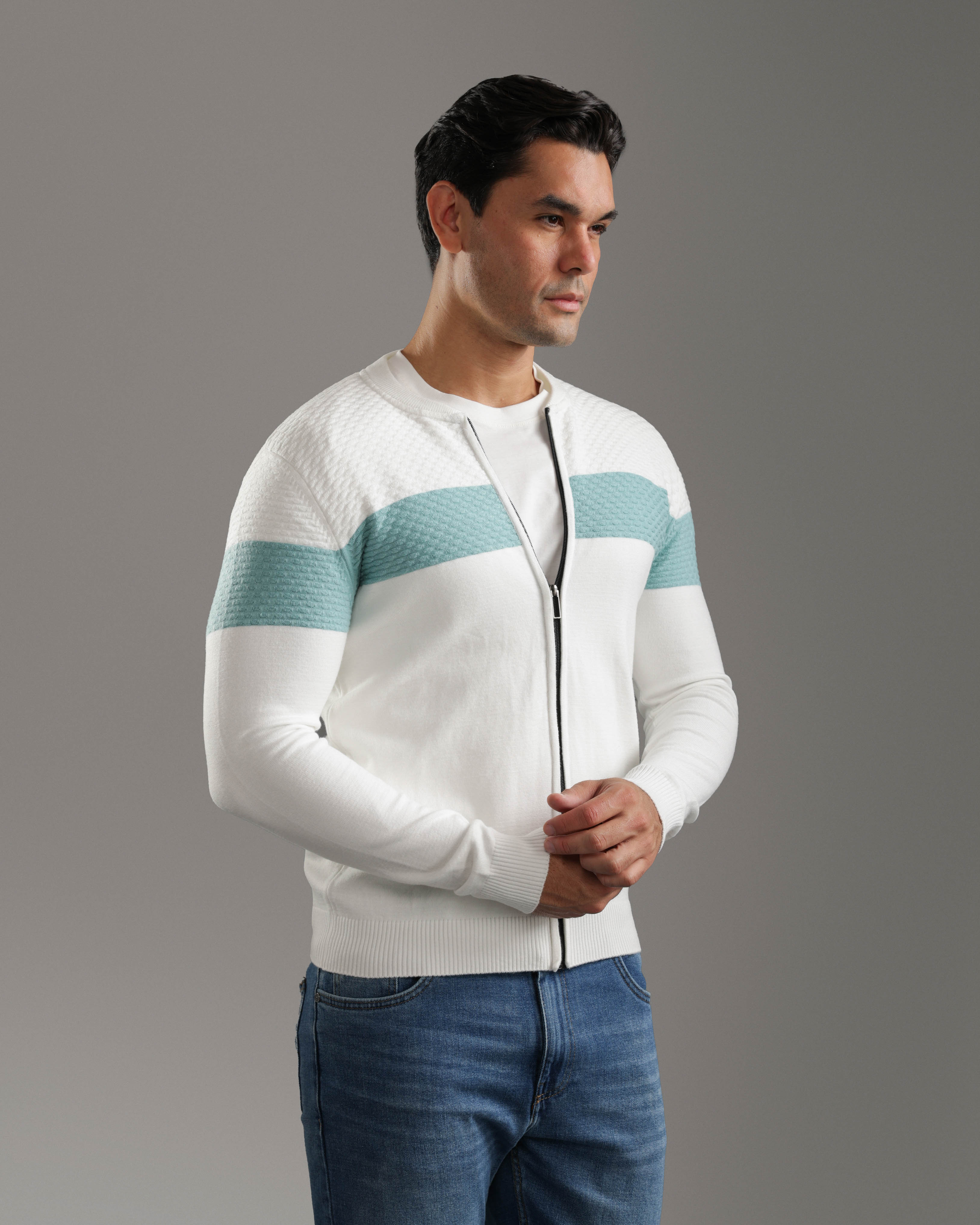 White Textured Zip-Up Sweater