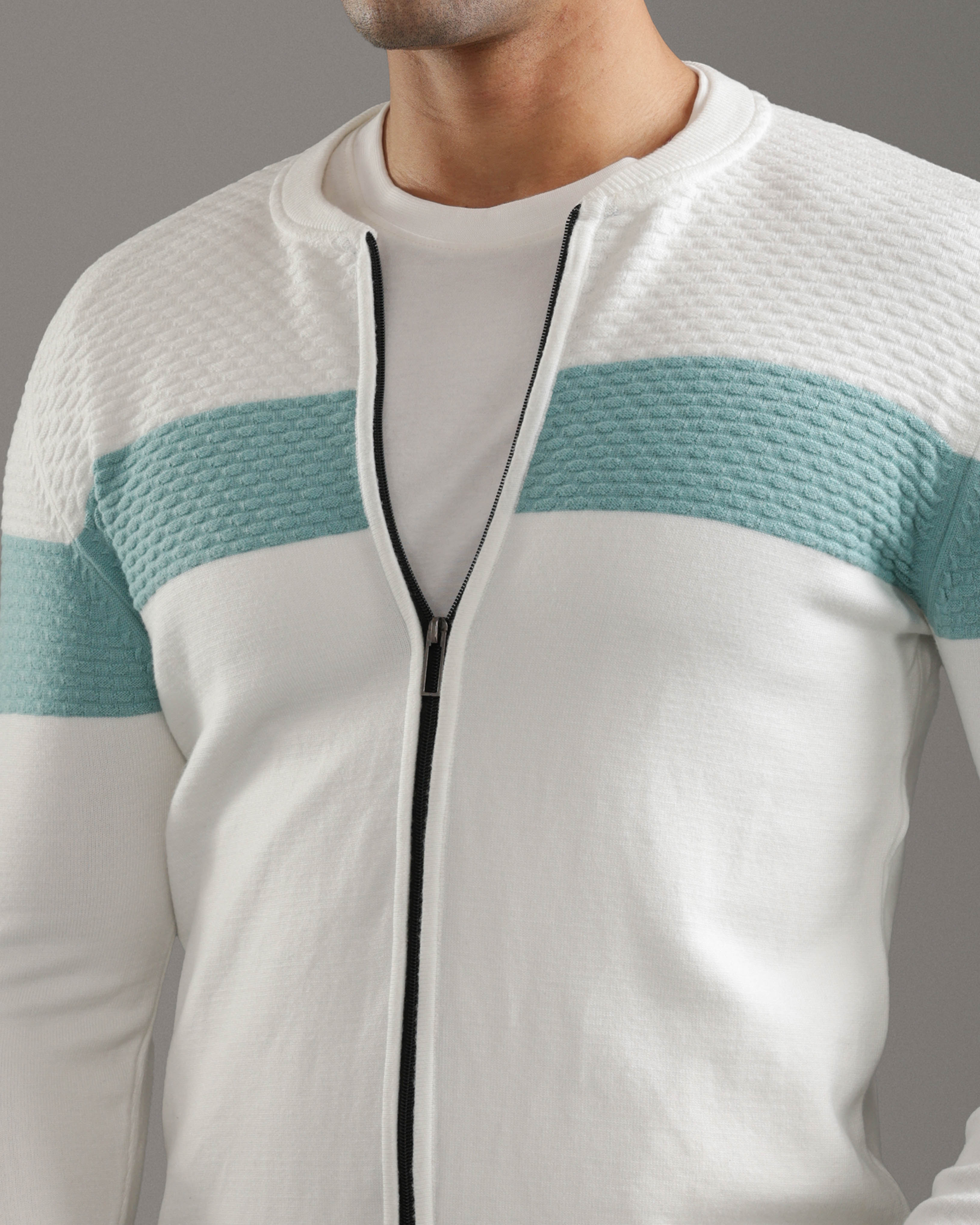 White Textured Zip-Up Sweater