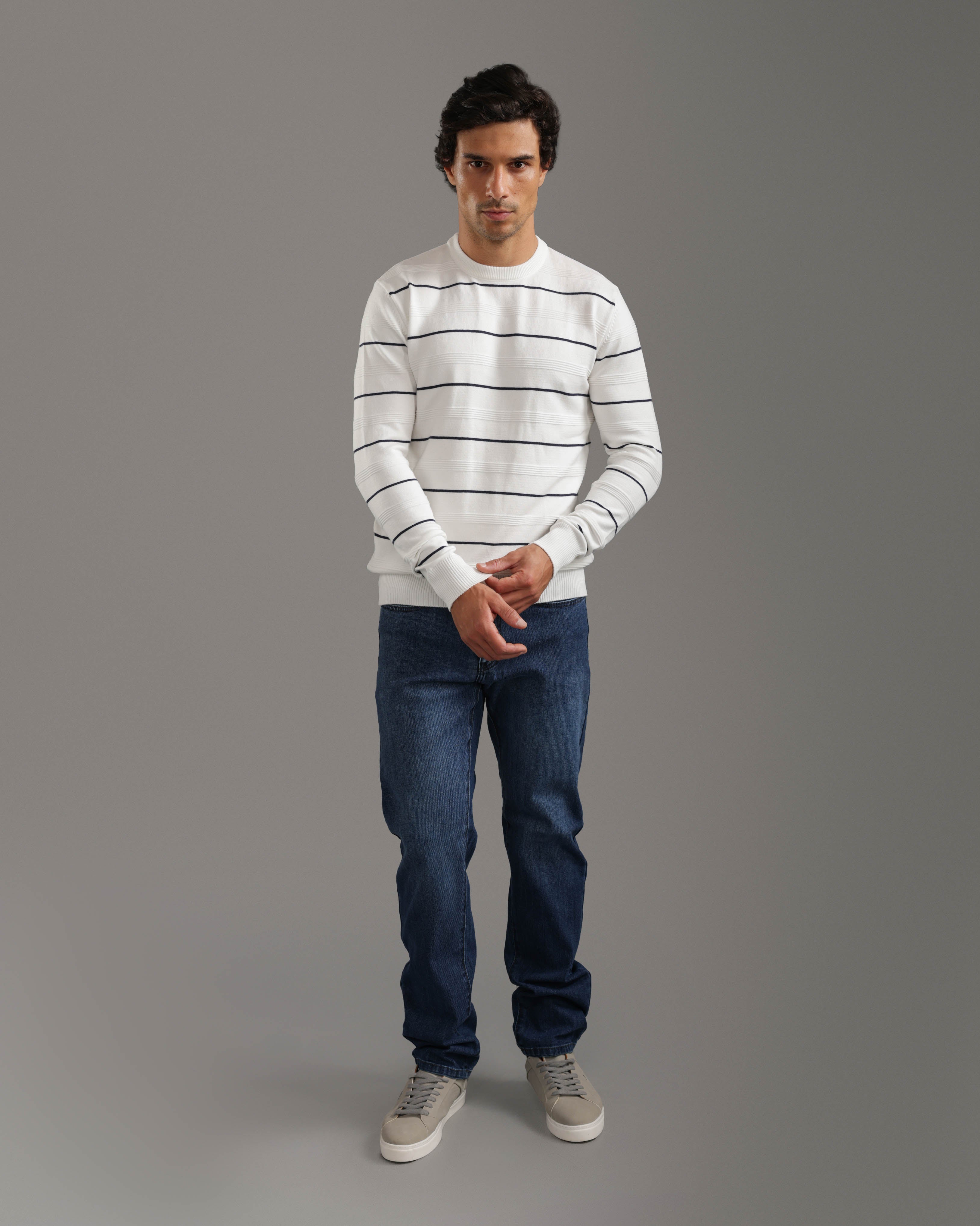 White Striped Crew Neck Sweater