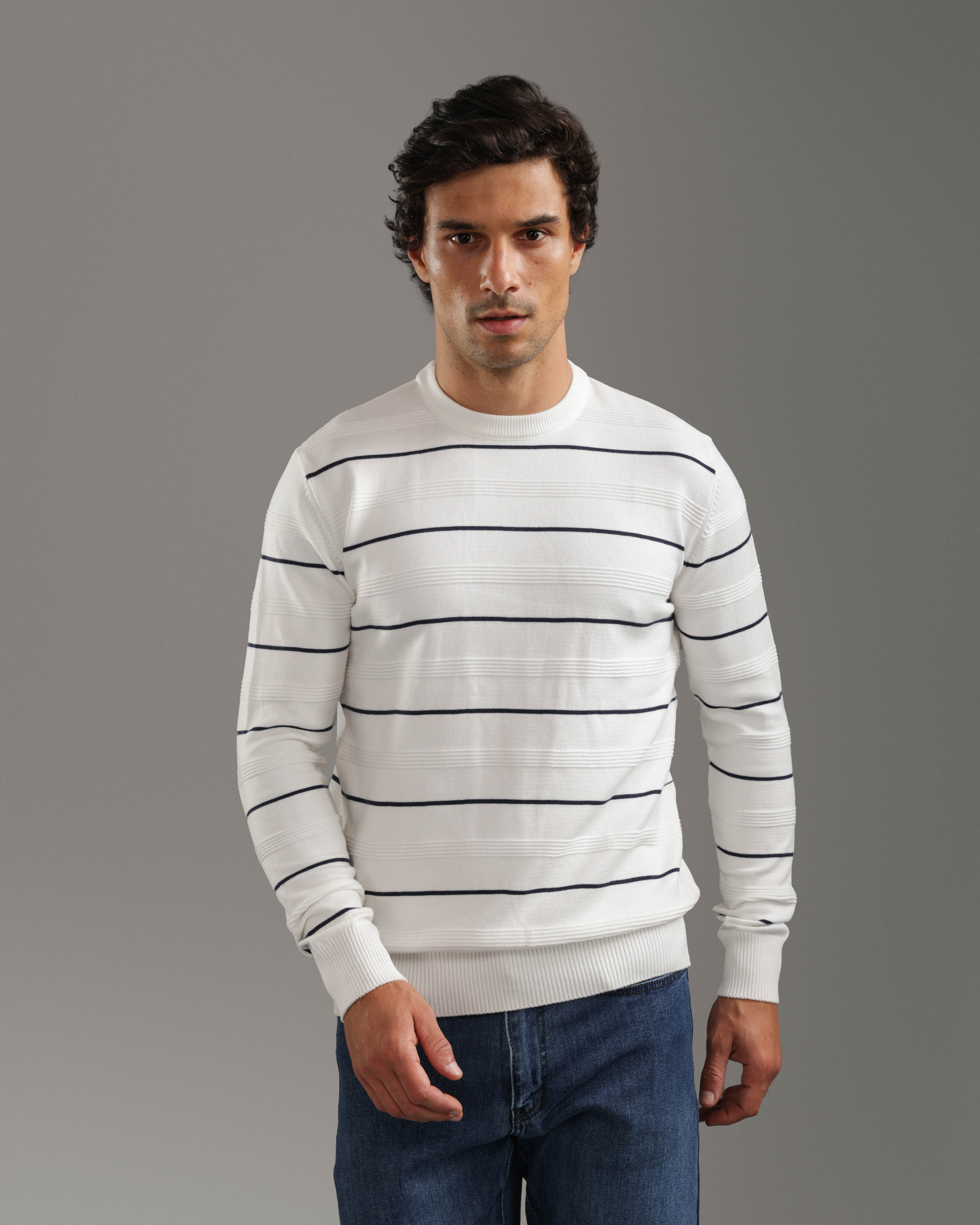 White Striped Crew Neck Sweater