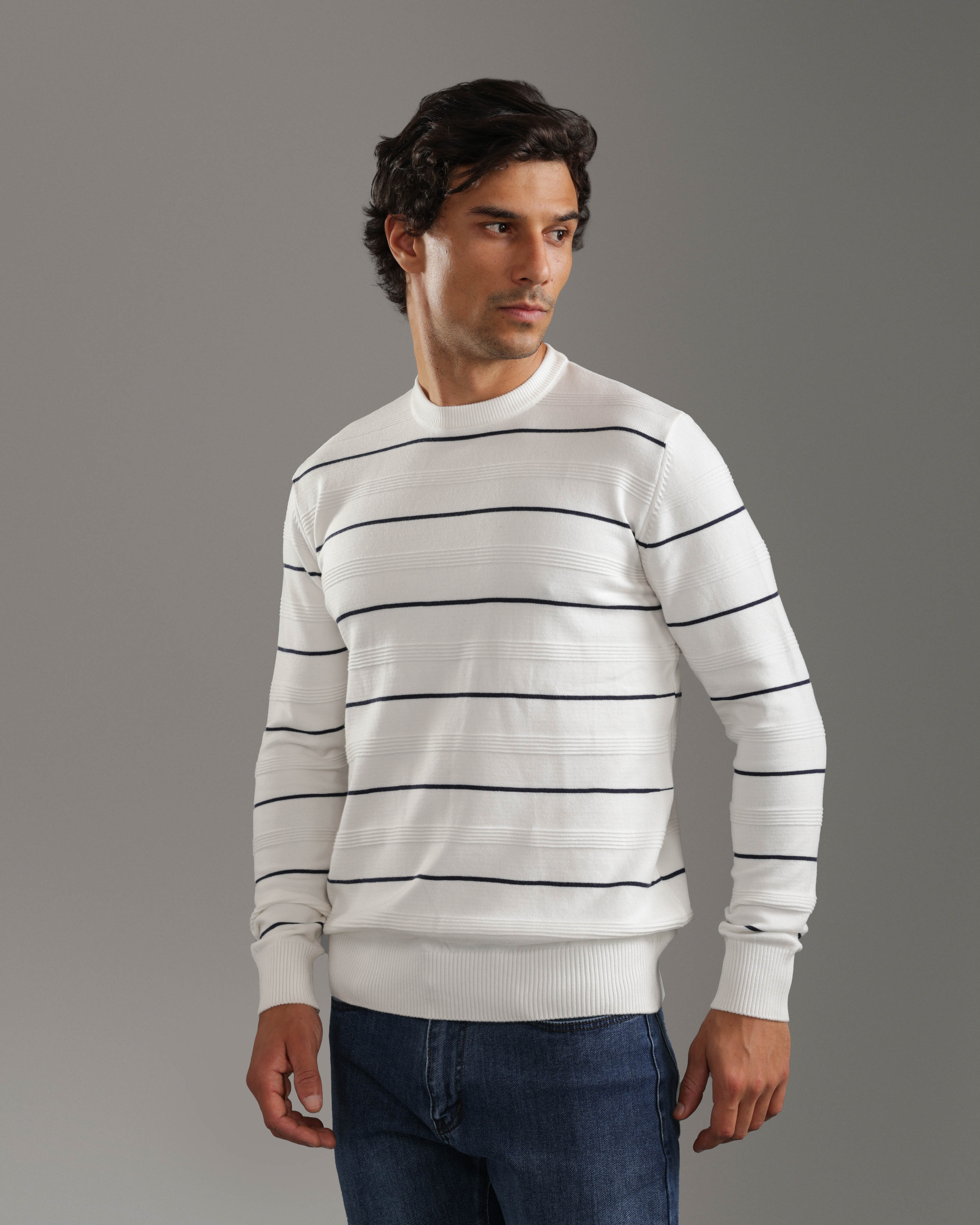 White Striped Crew Neck Sweater