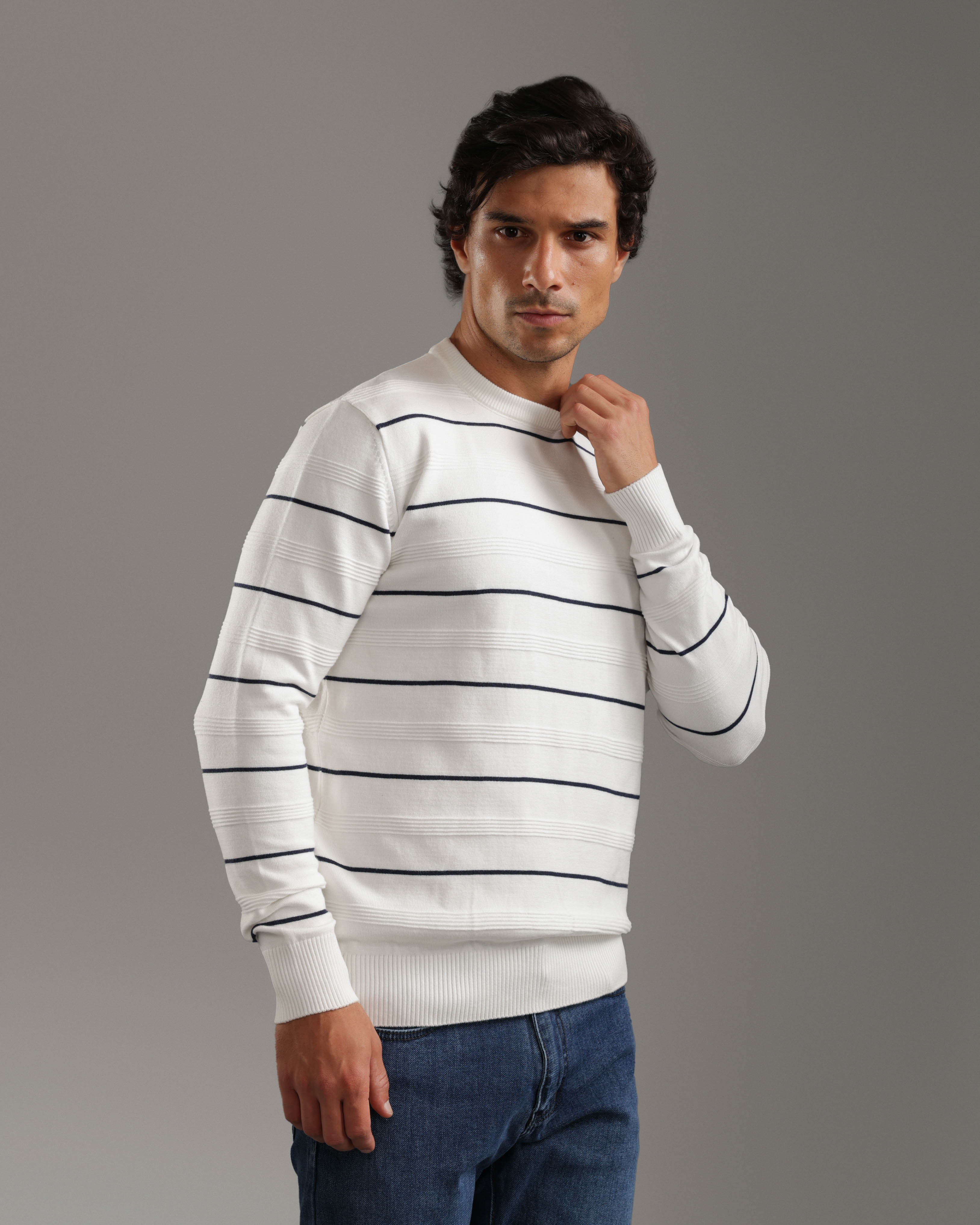 White Striped Crew Neck Sweater