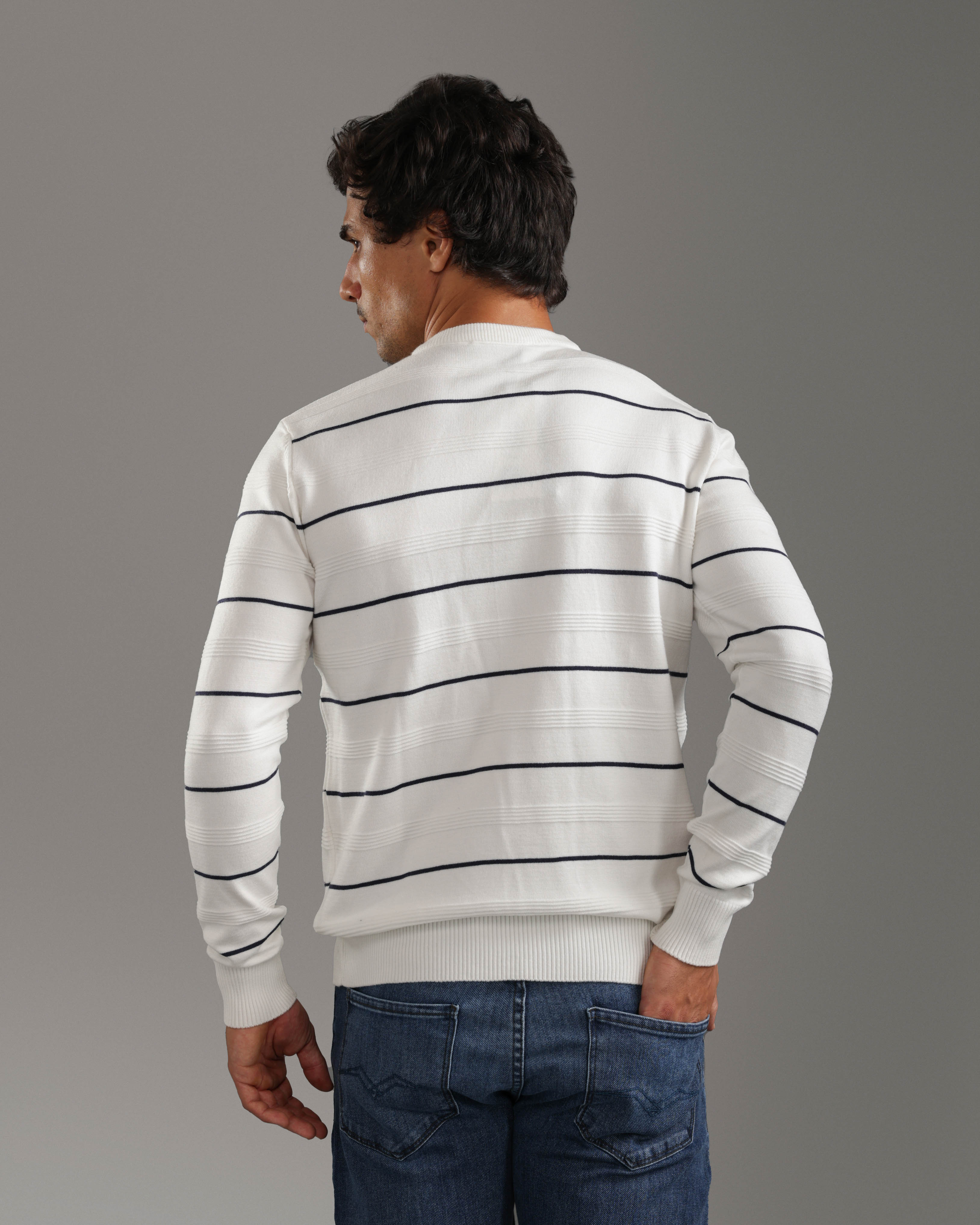 White Striped Crew Neck Sweater