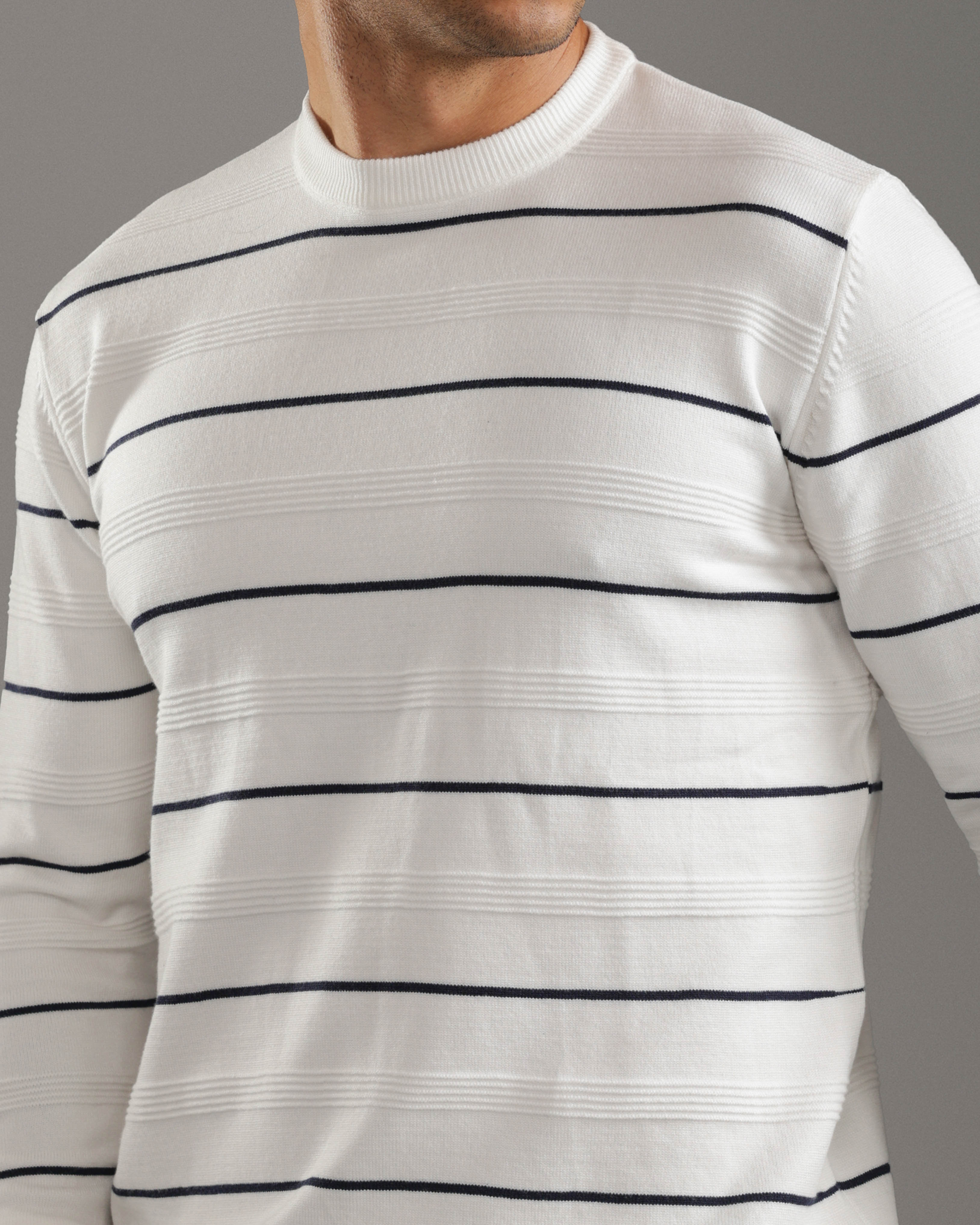 White Striped Crew Neck Sweater
