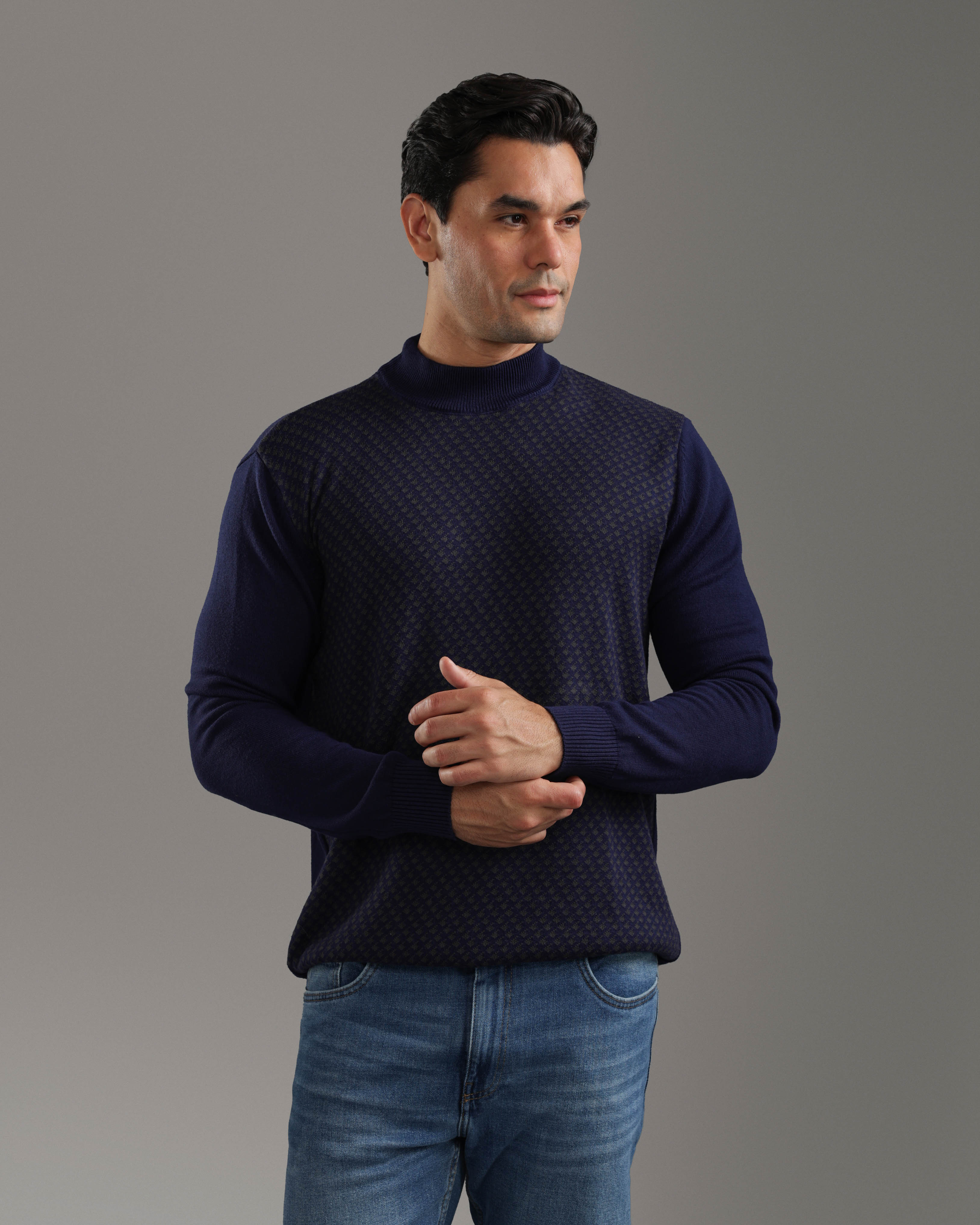 Navy Blue Geometric Knit Sweater