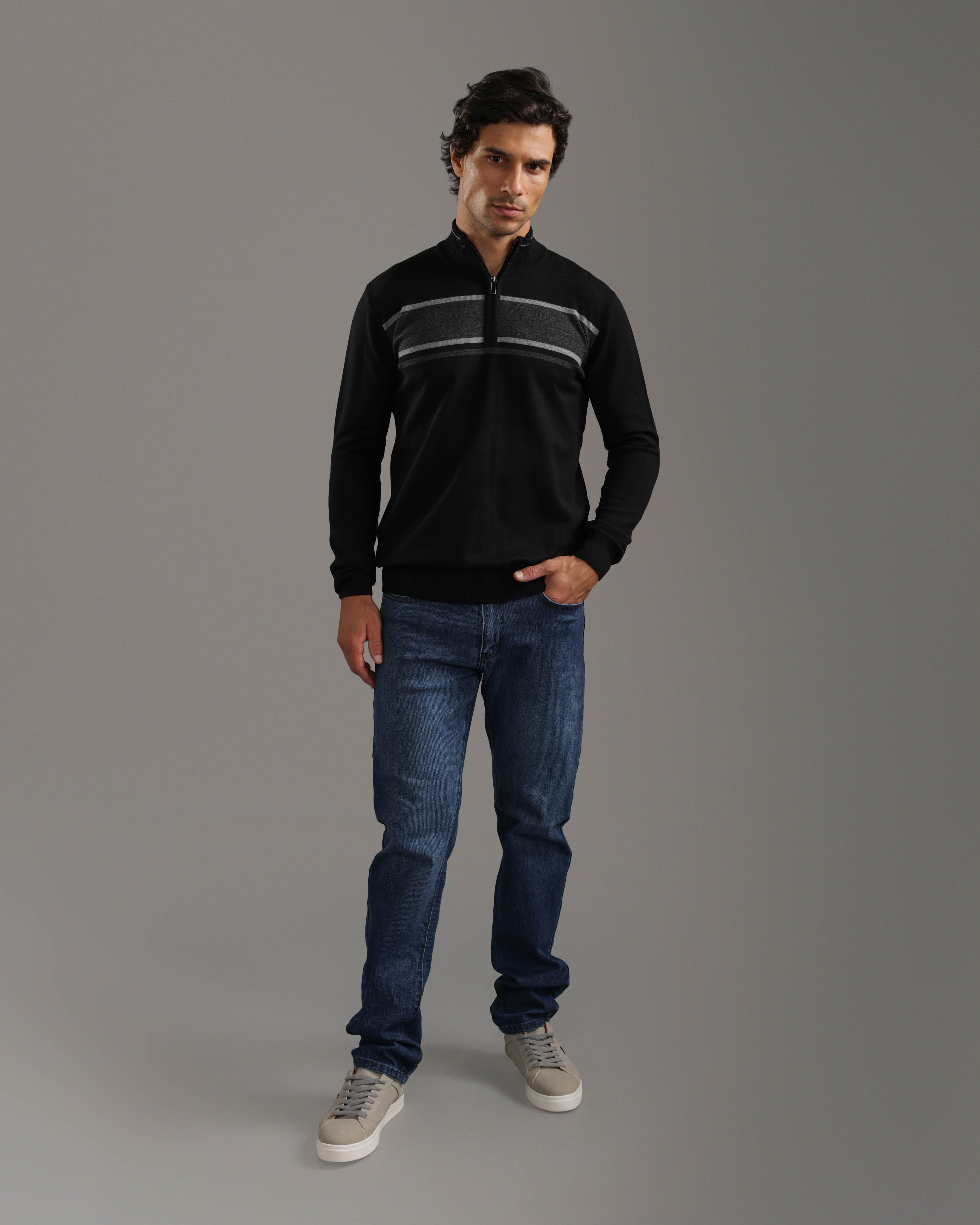 Black Half-Zip Sweater with Grey Stripes
