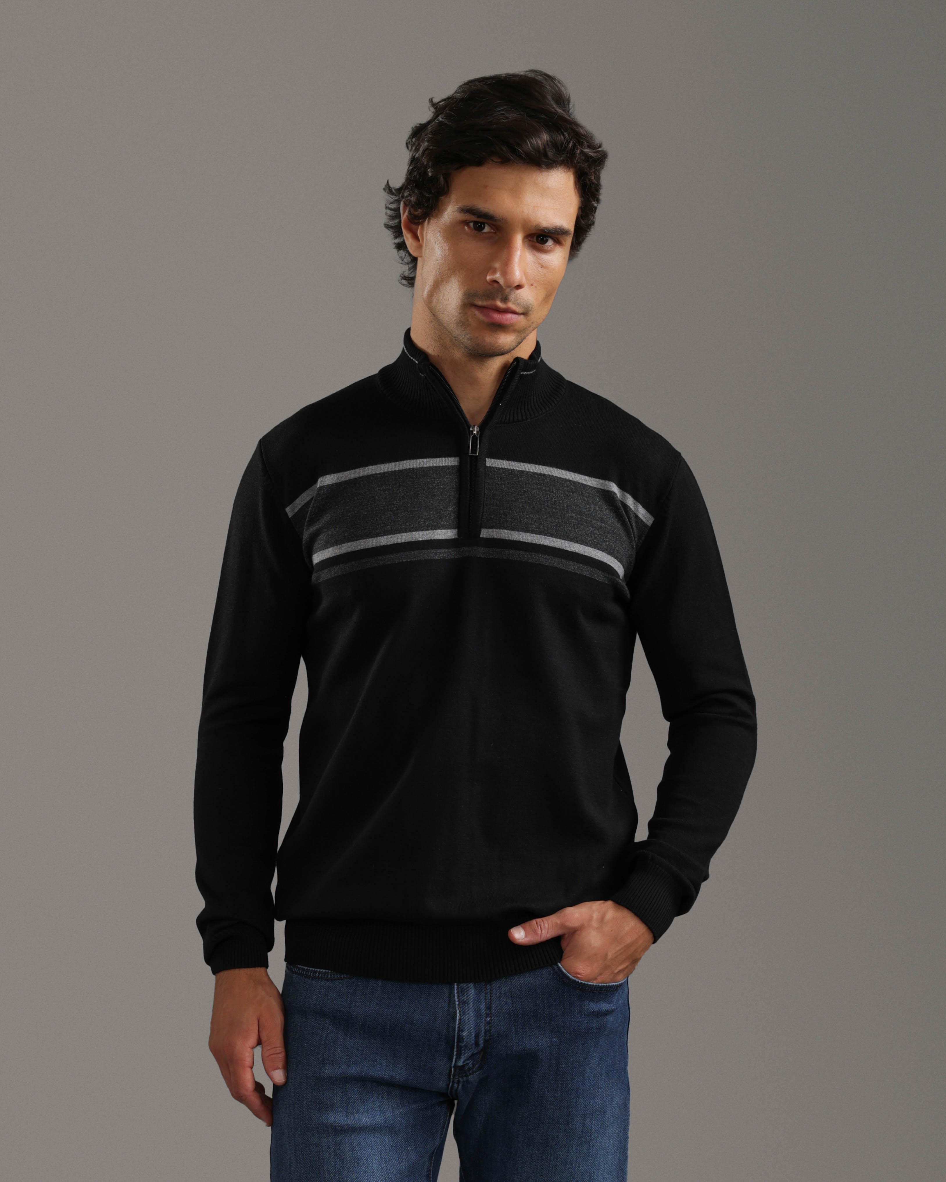 Black Half-Zip Sweater with Grey Stripes