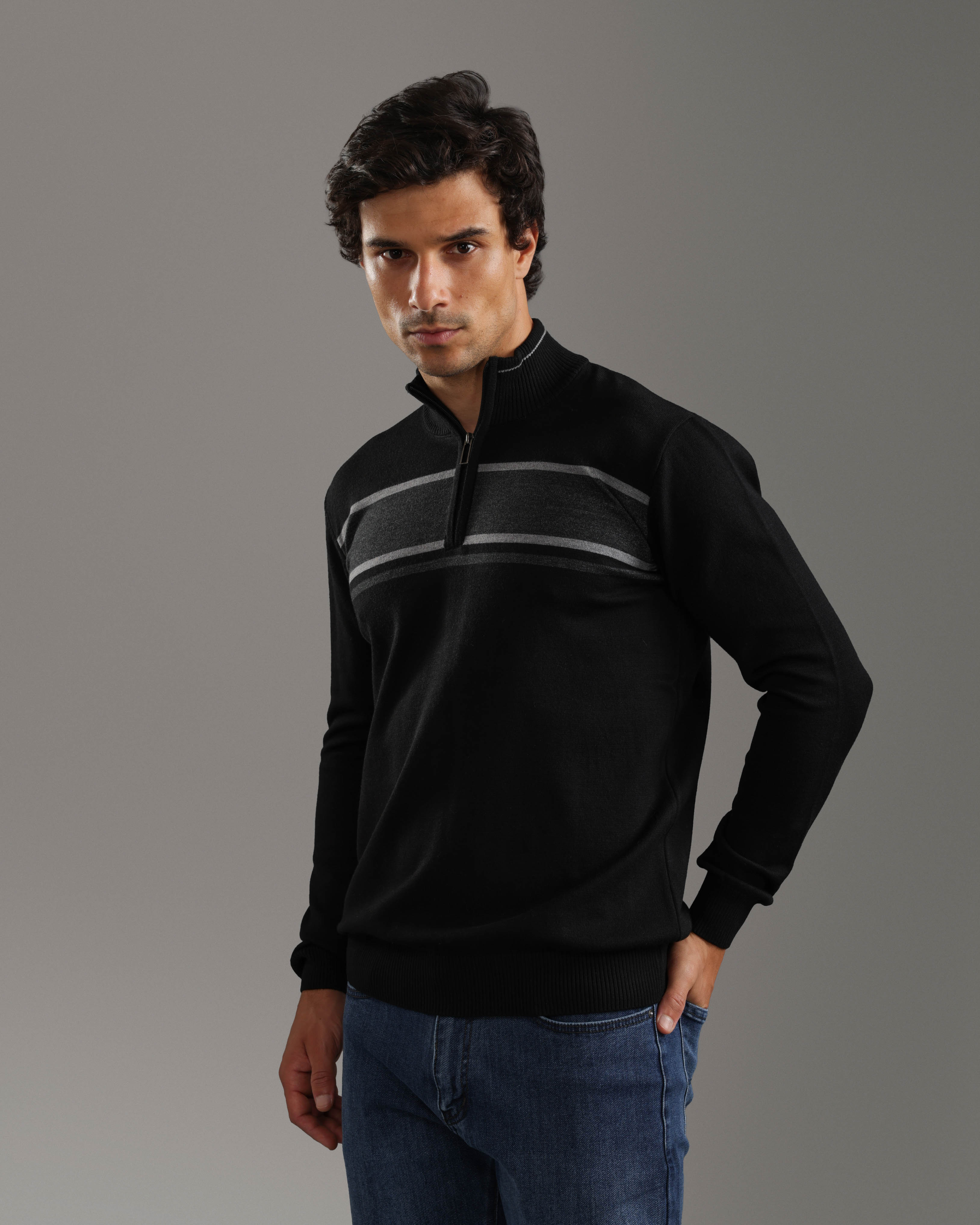 Black Half-Zip Sweater with Grey Stripes