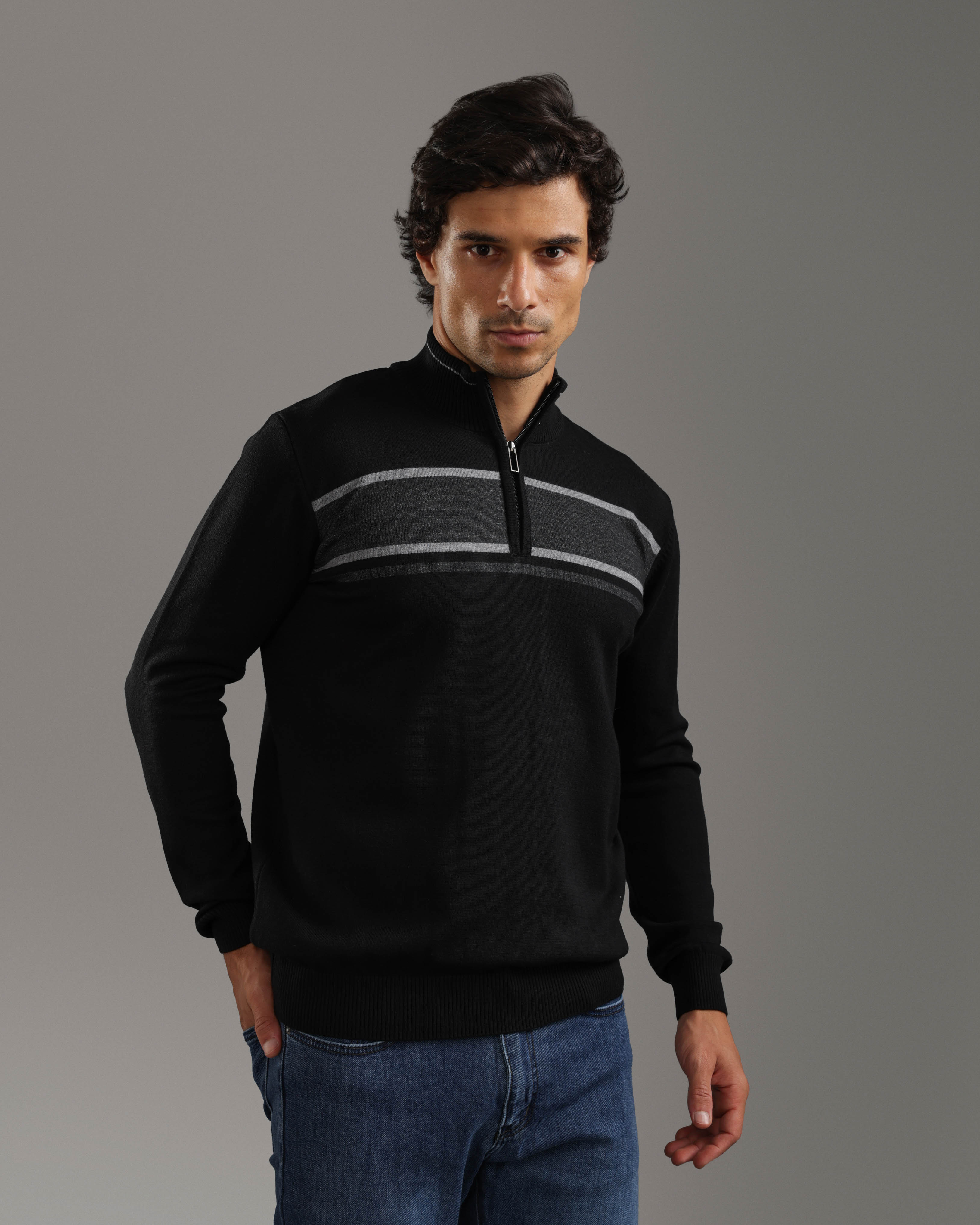 Black Half-Zip Sweater with Grey Stripes