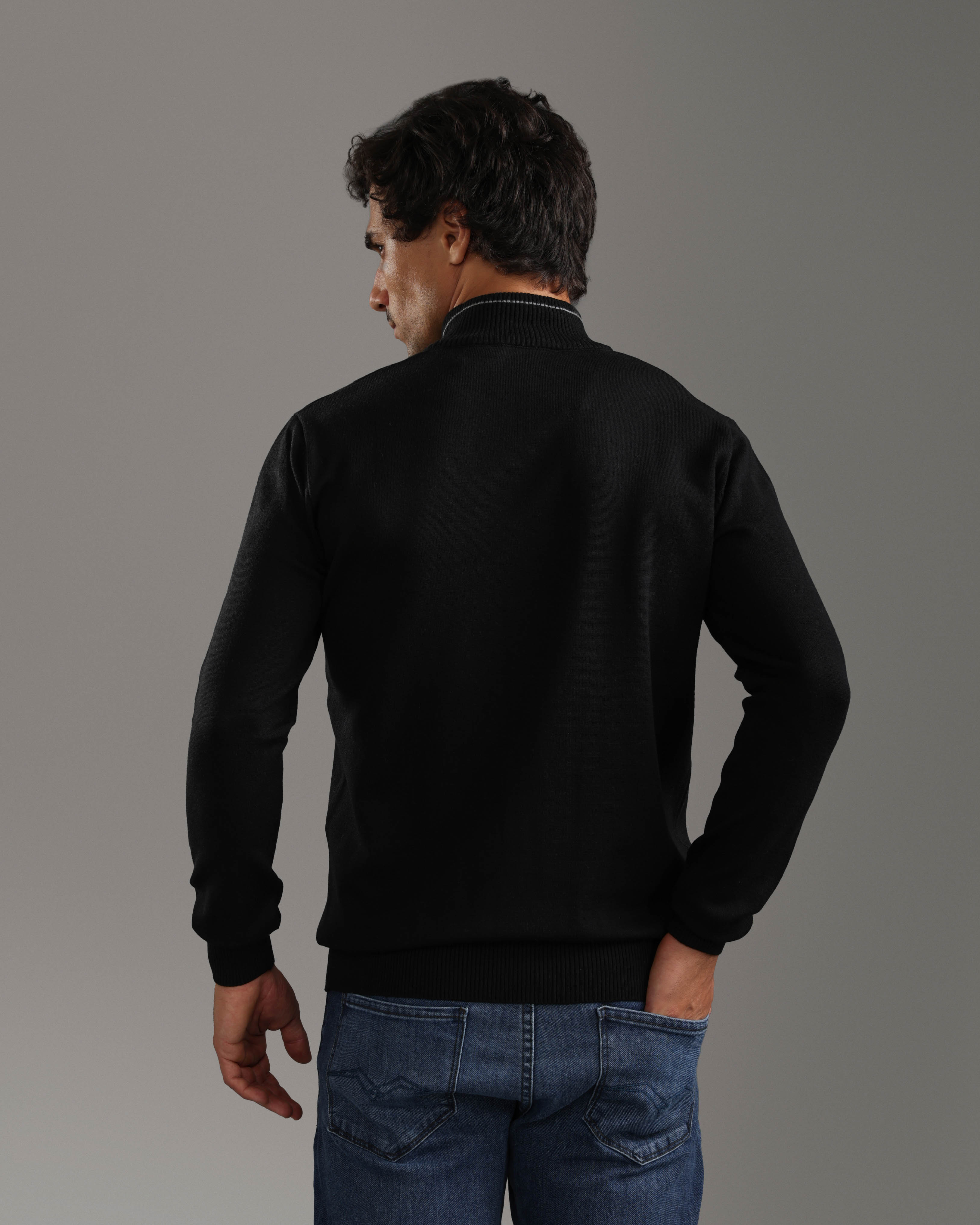 Black Half-Zip Sweater with Grey Stripes
