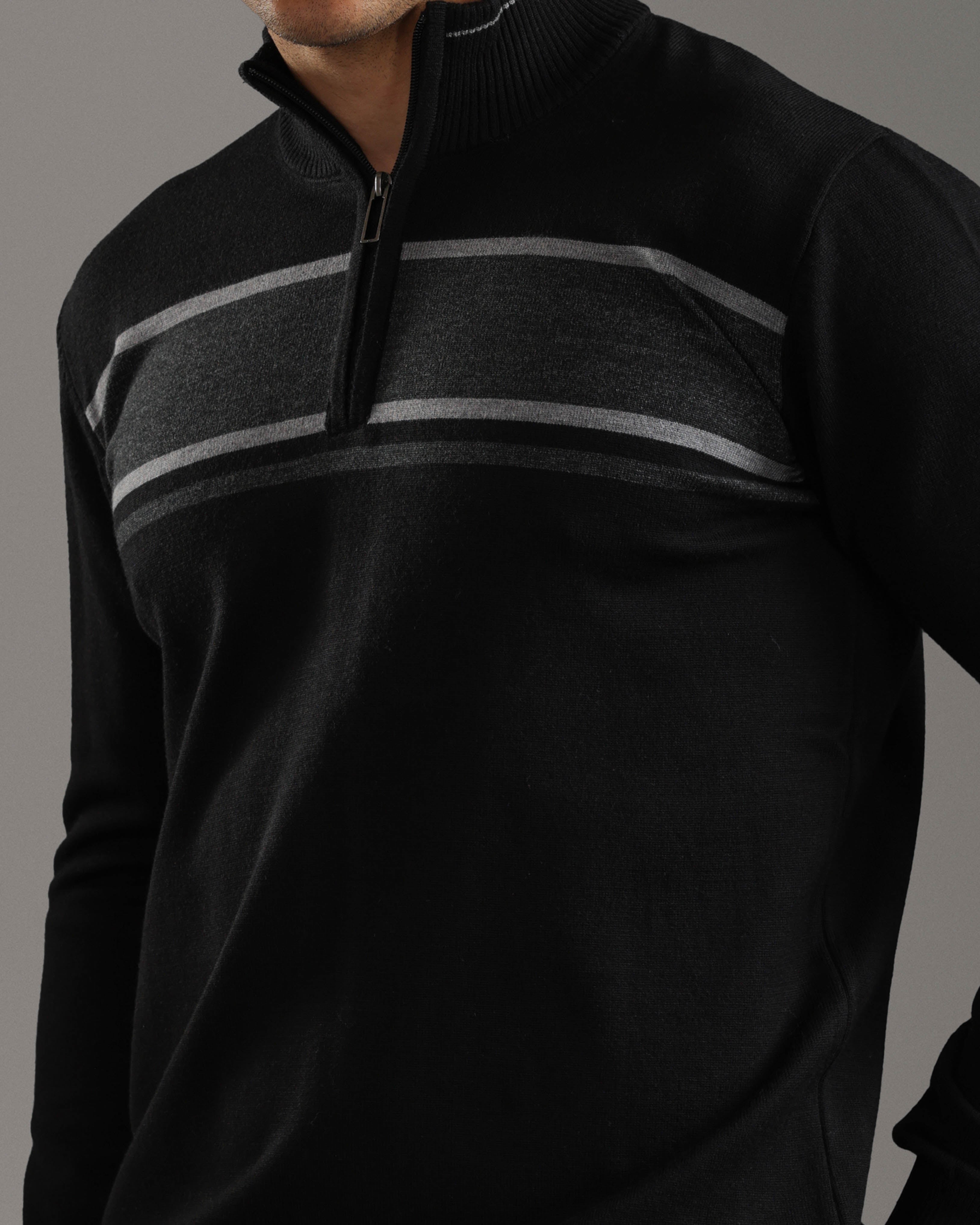 Black Half-Zip Sweater with Grey Stripes