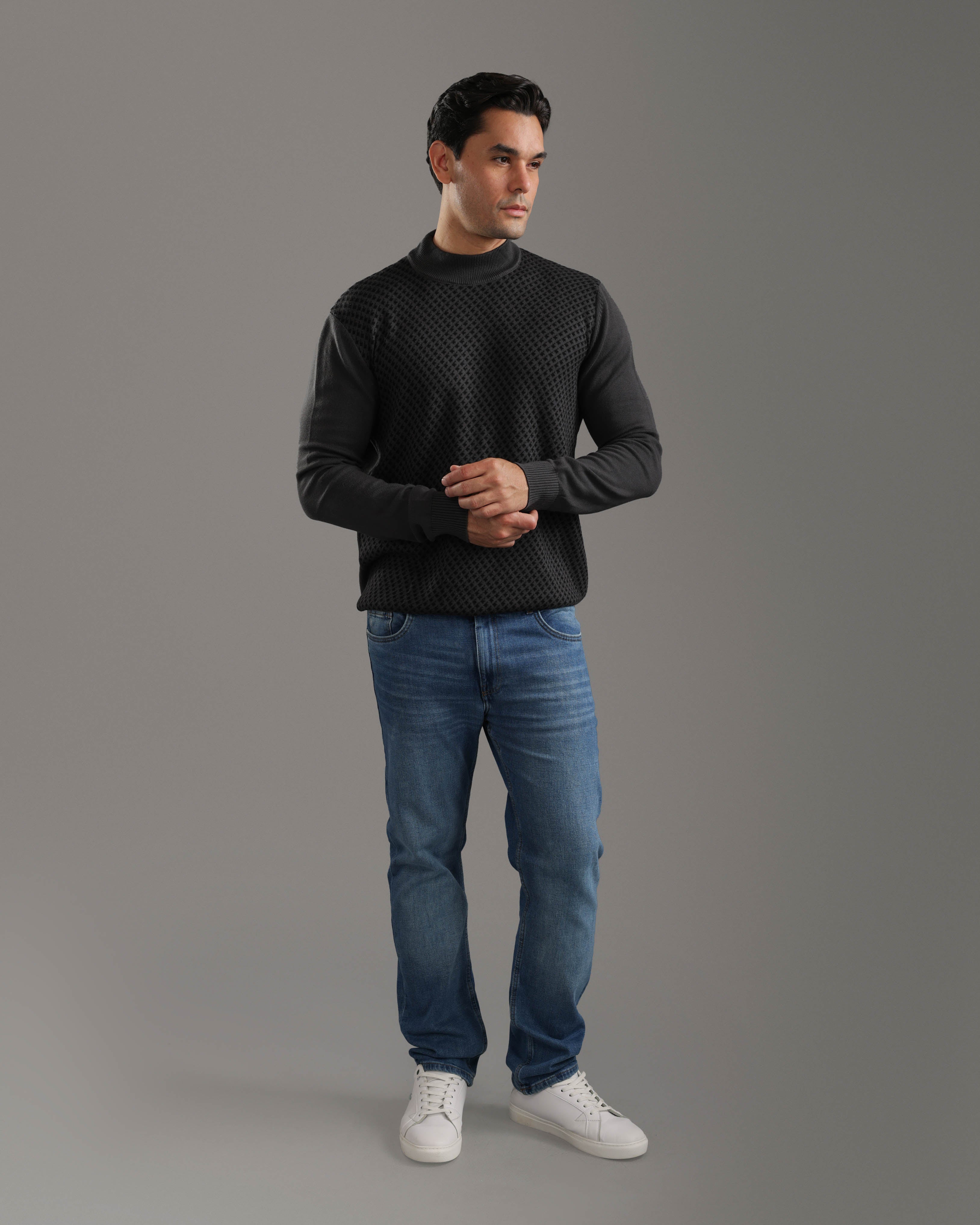 Charcoal Textured High-Neck Sweater