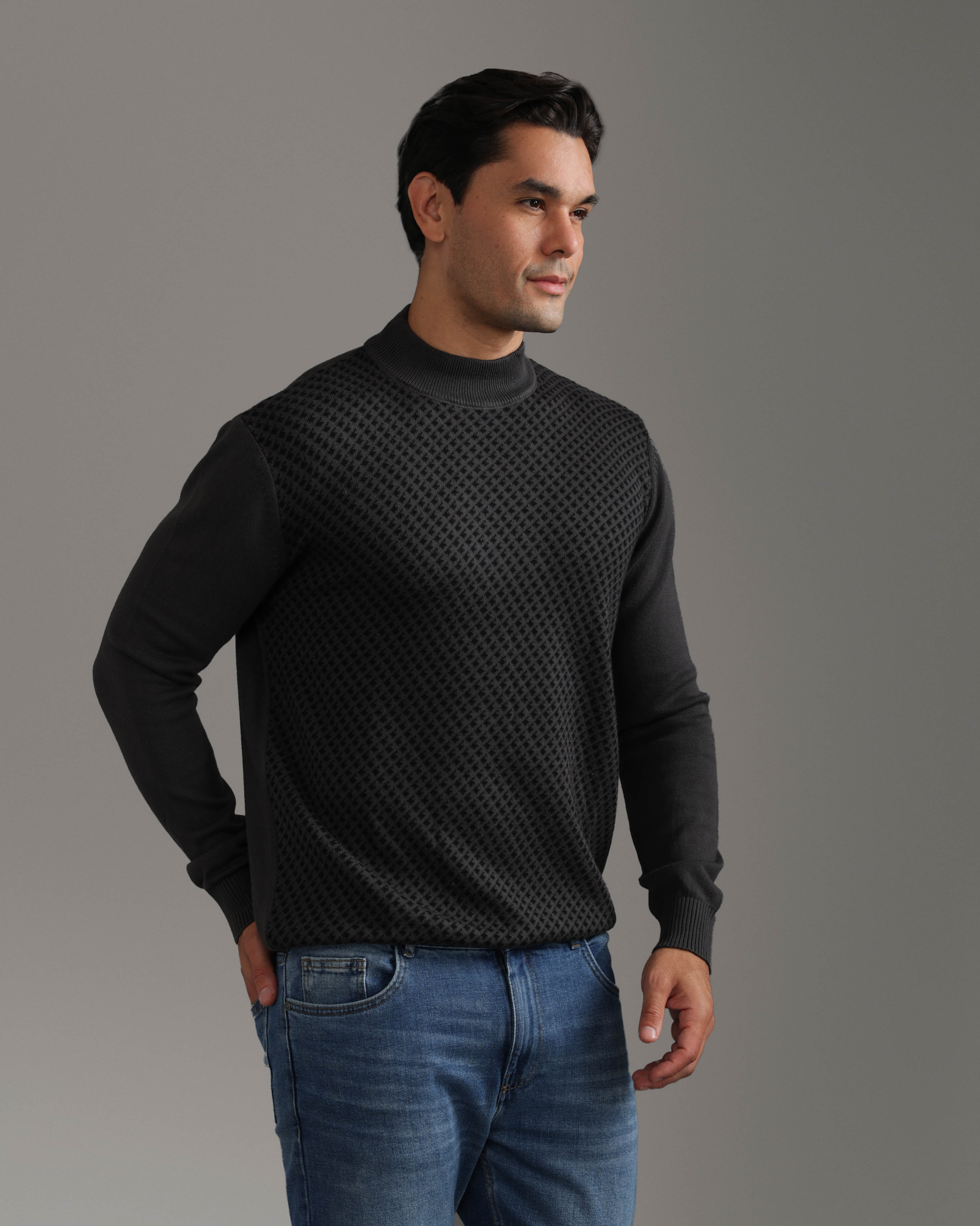 Charcoal Textured High-Neck Sweater