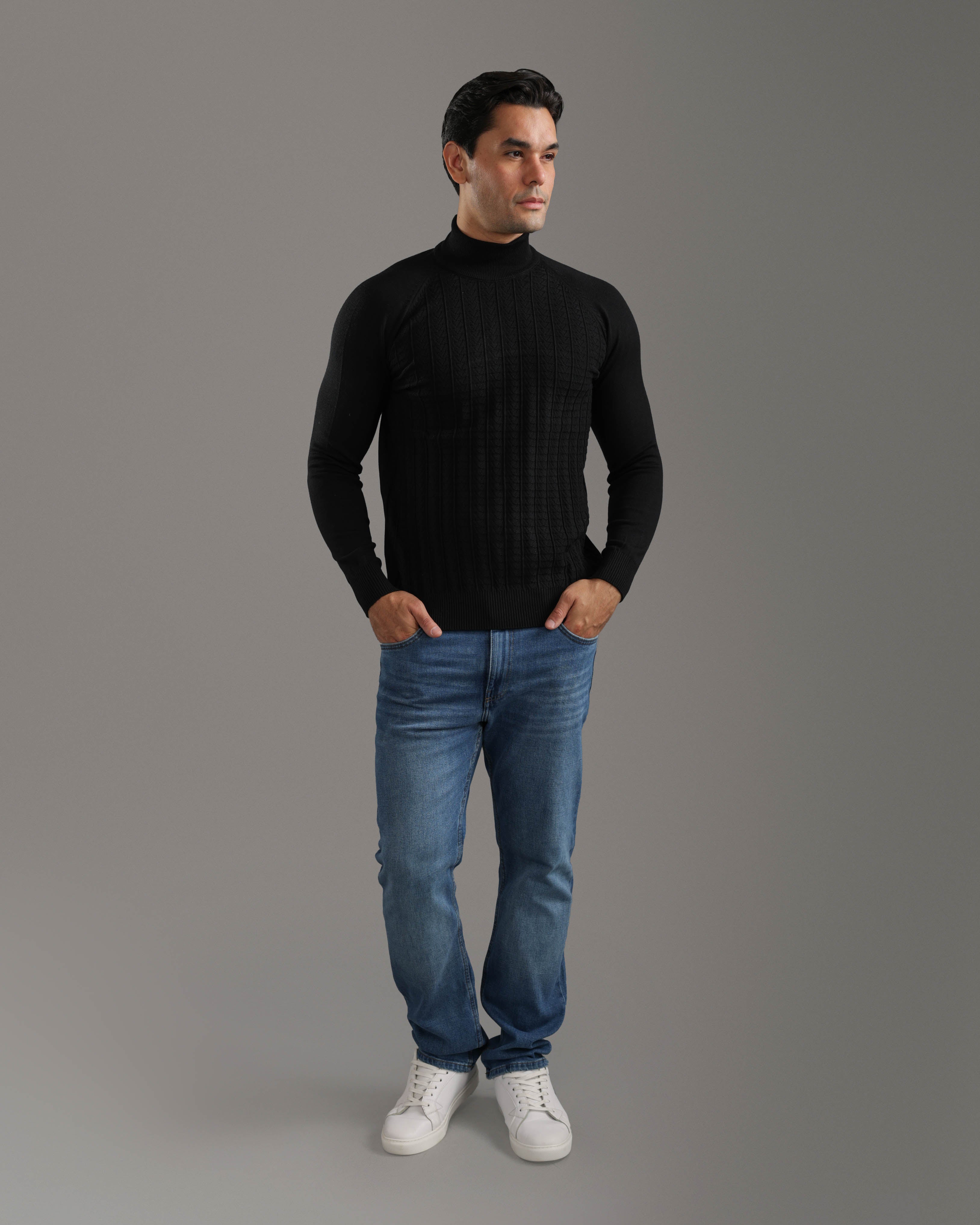 Black Cable-Knit High-Neck Sweater