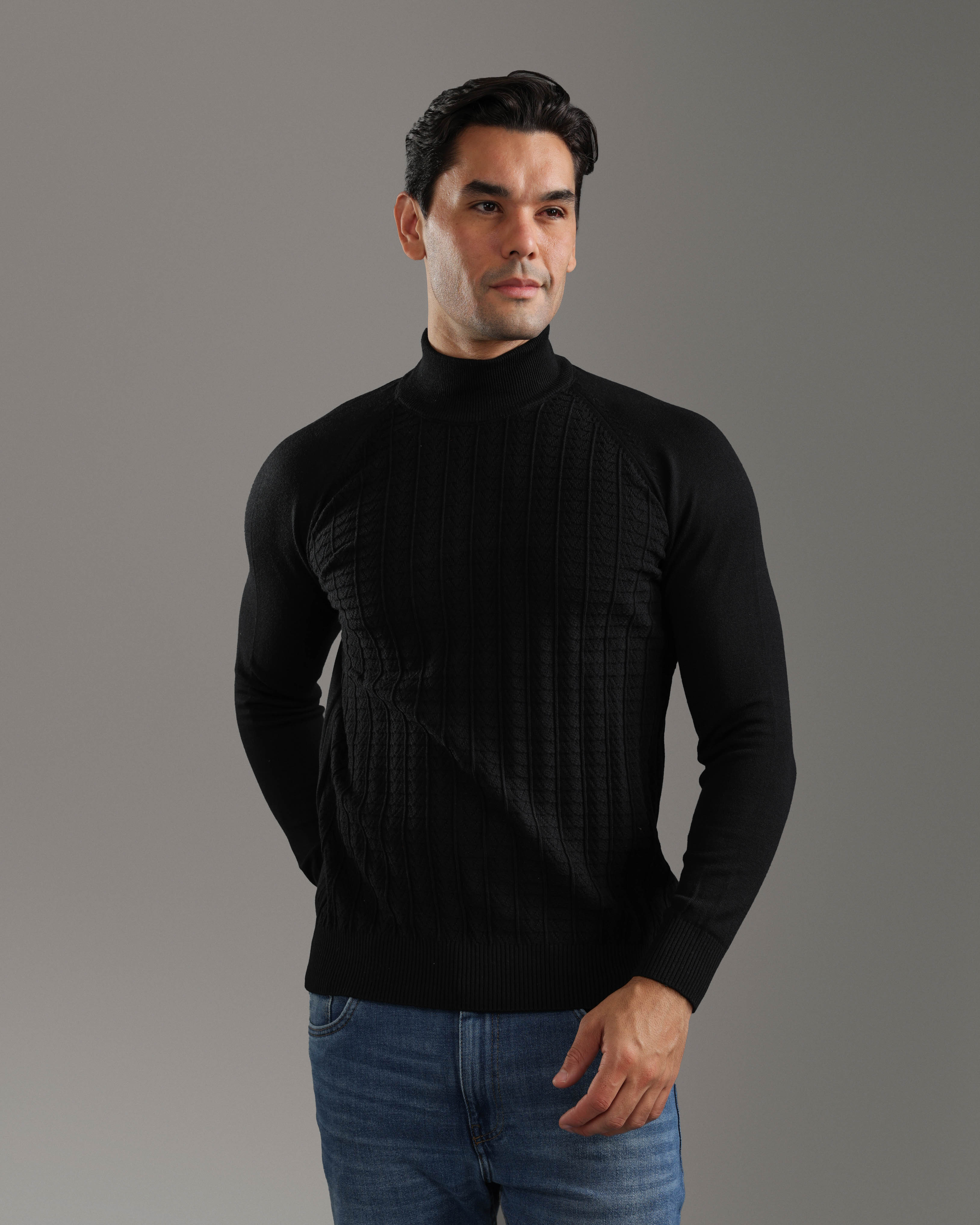 Black Cable-Knit High-Neck Sweater