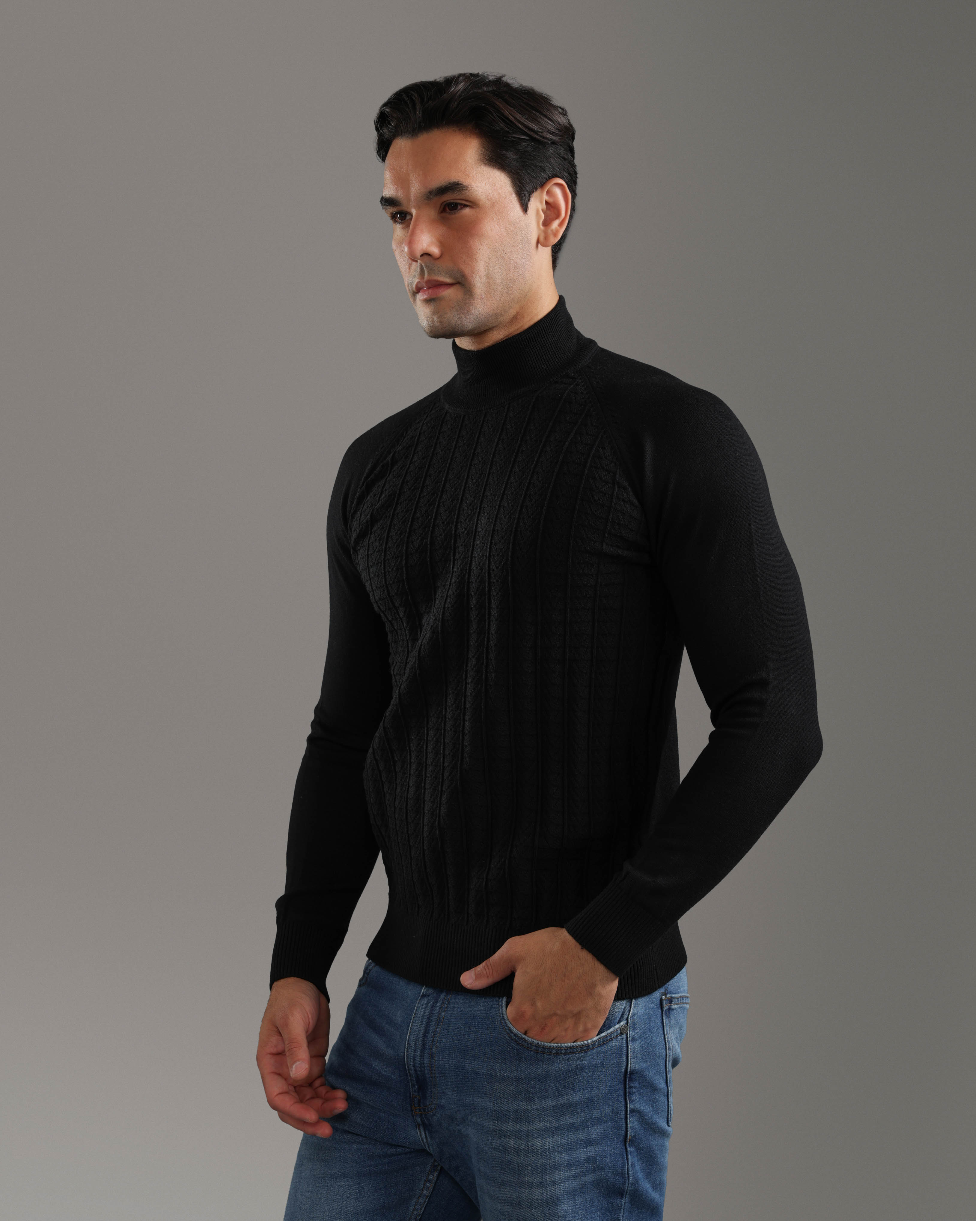 Black Cable-Knit High-Neck Sweater