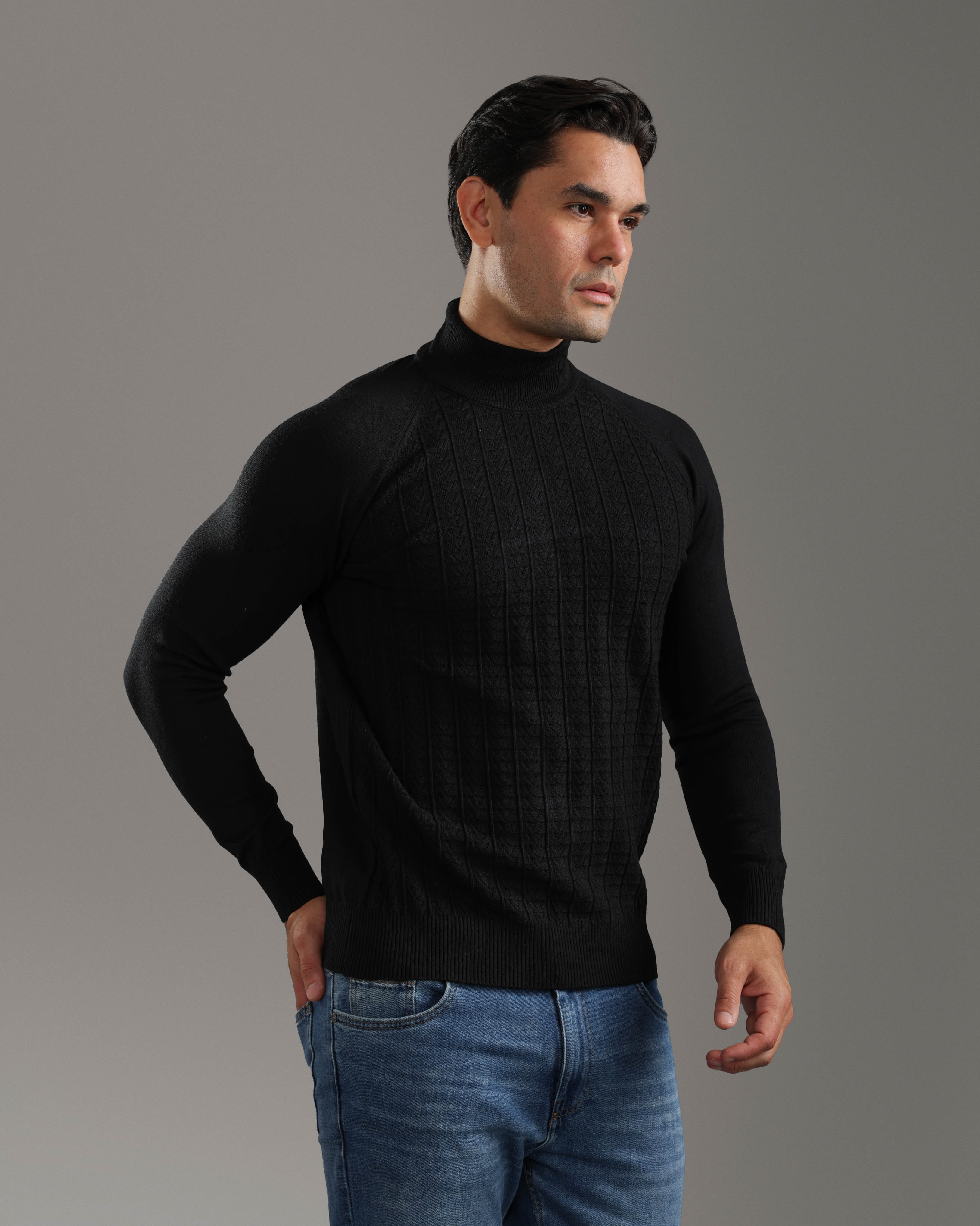 Black Cable-Knit High-Neck Sweater