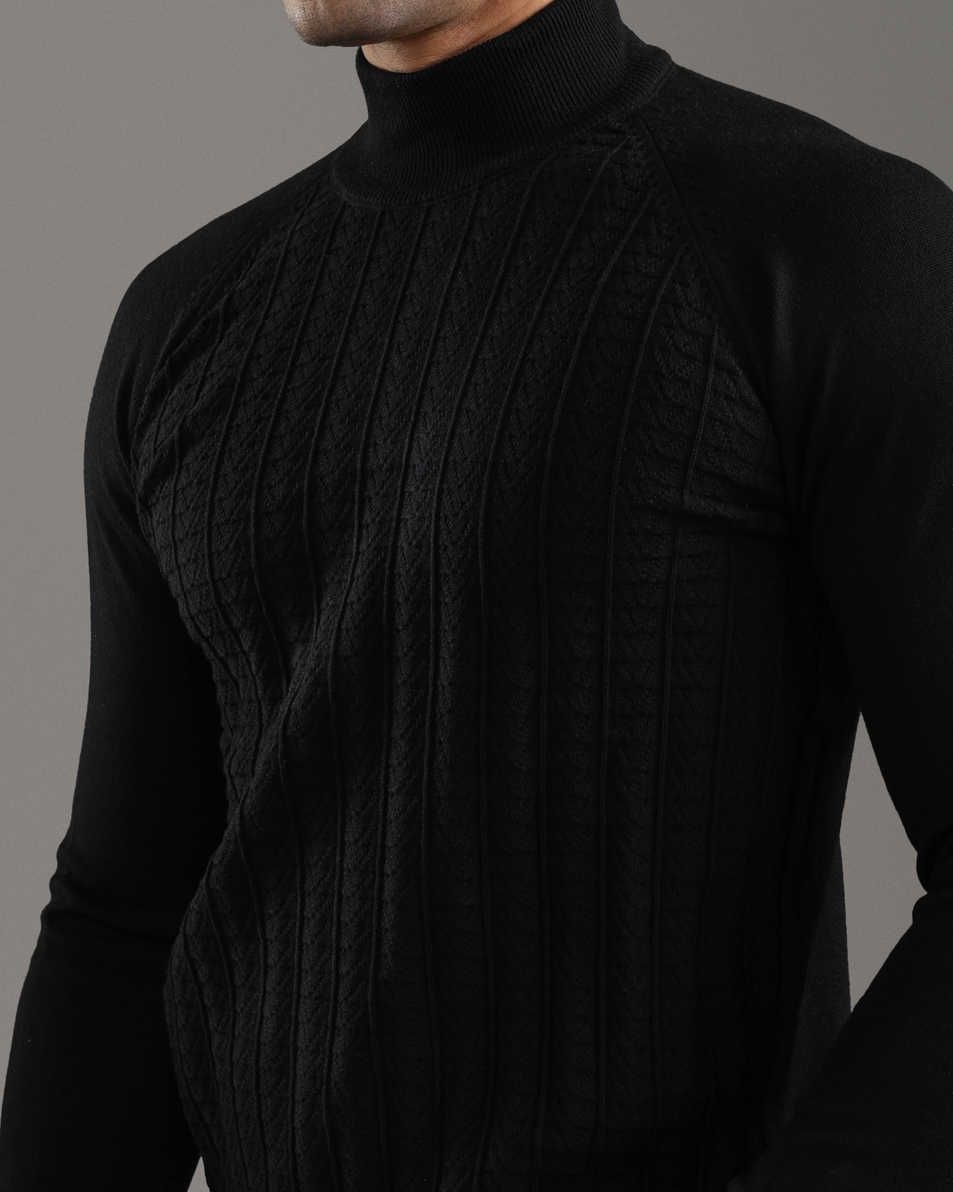 Black Cable-Knit High-Neck Sweater