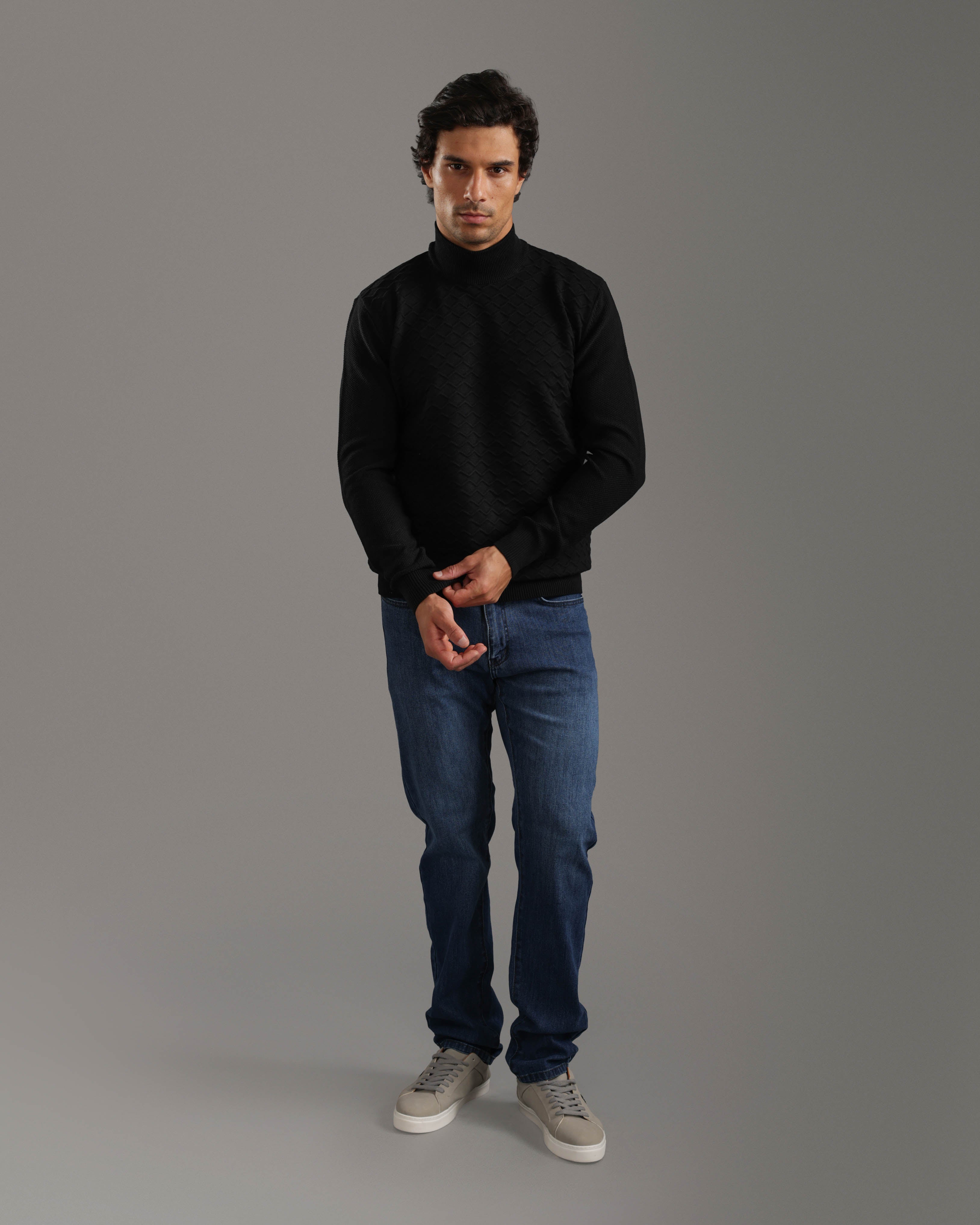 Black Textured High-Neck Sweater