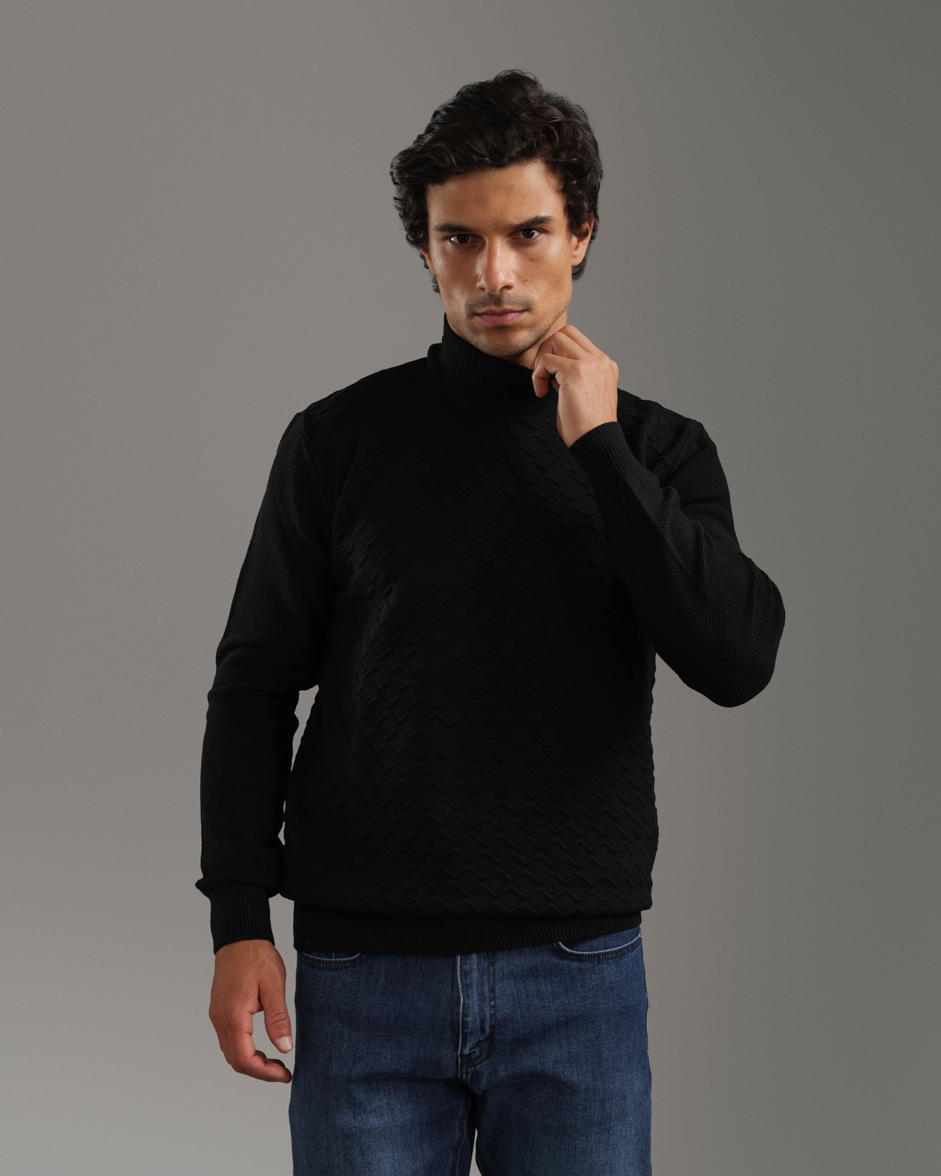 Black Textured High-Neck Sweater