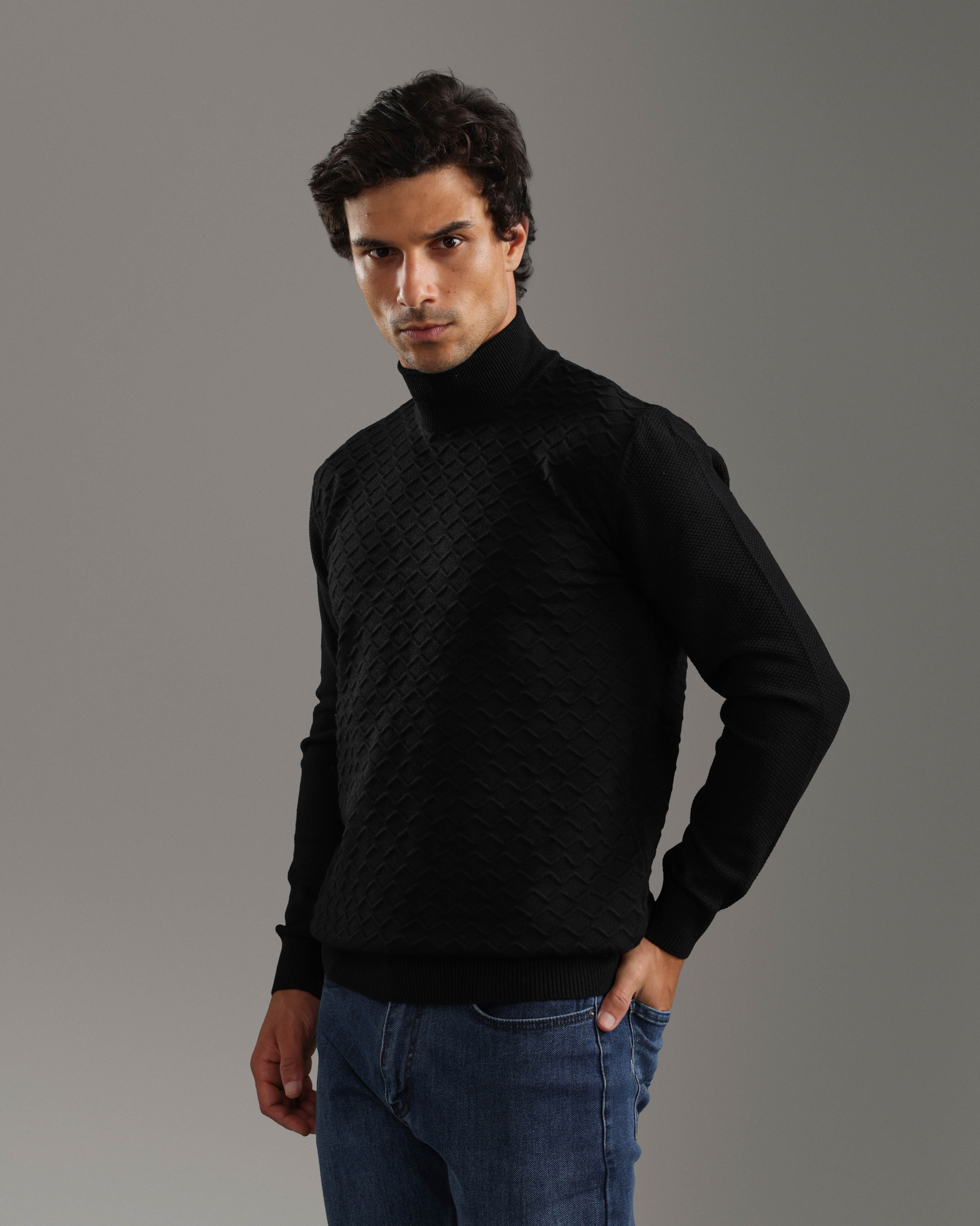 Black Textured High-Neck Sweater