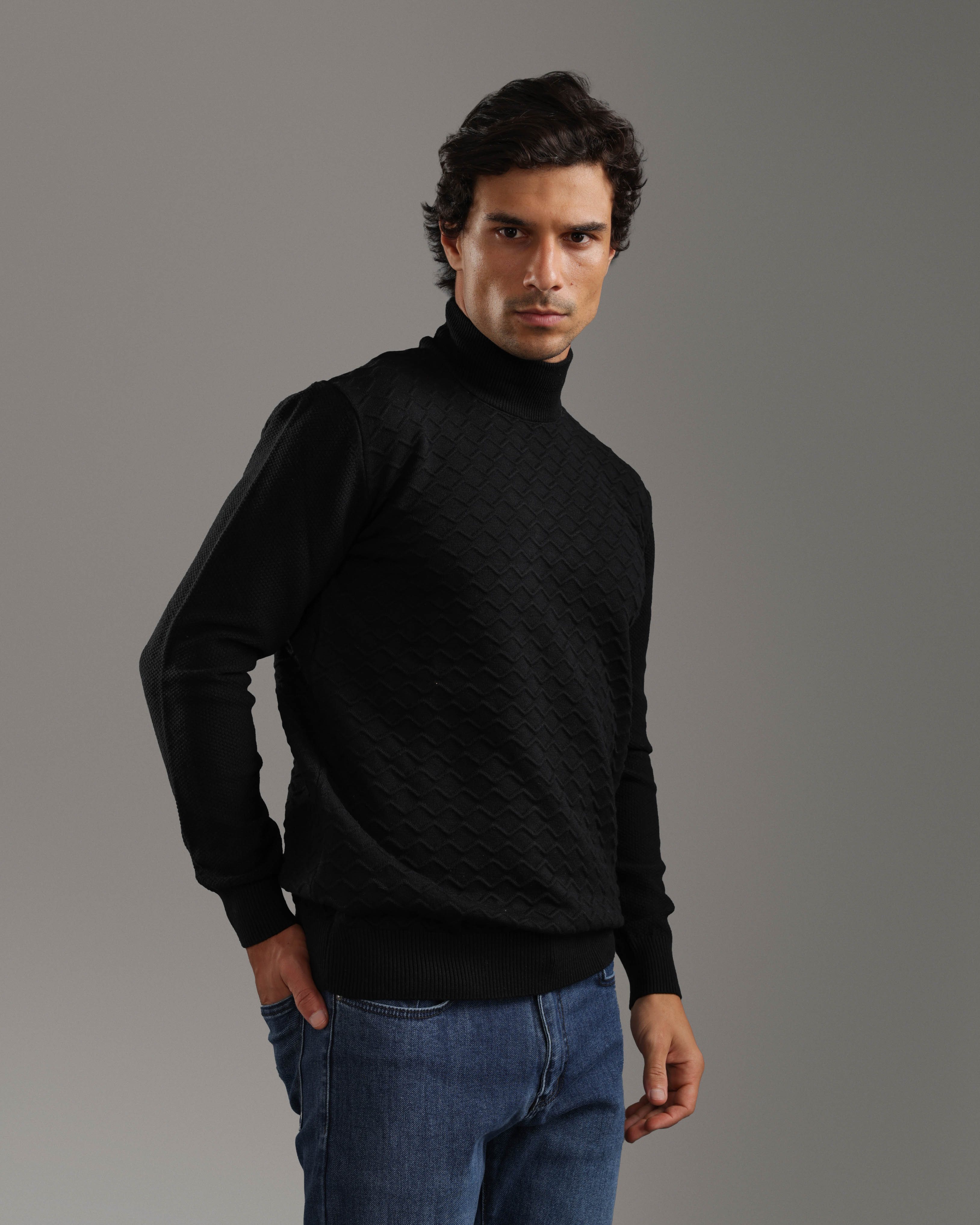 Black Textured High-Neck Sweater