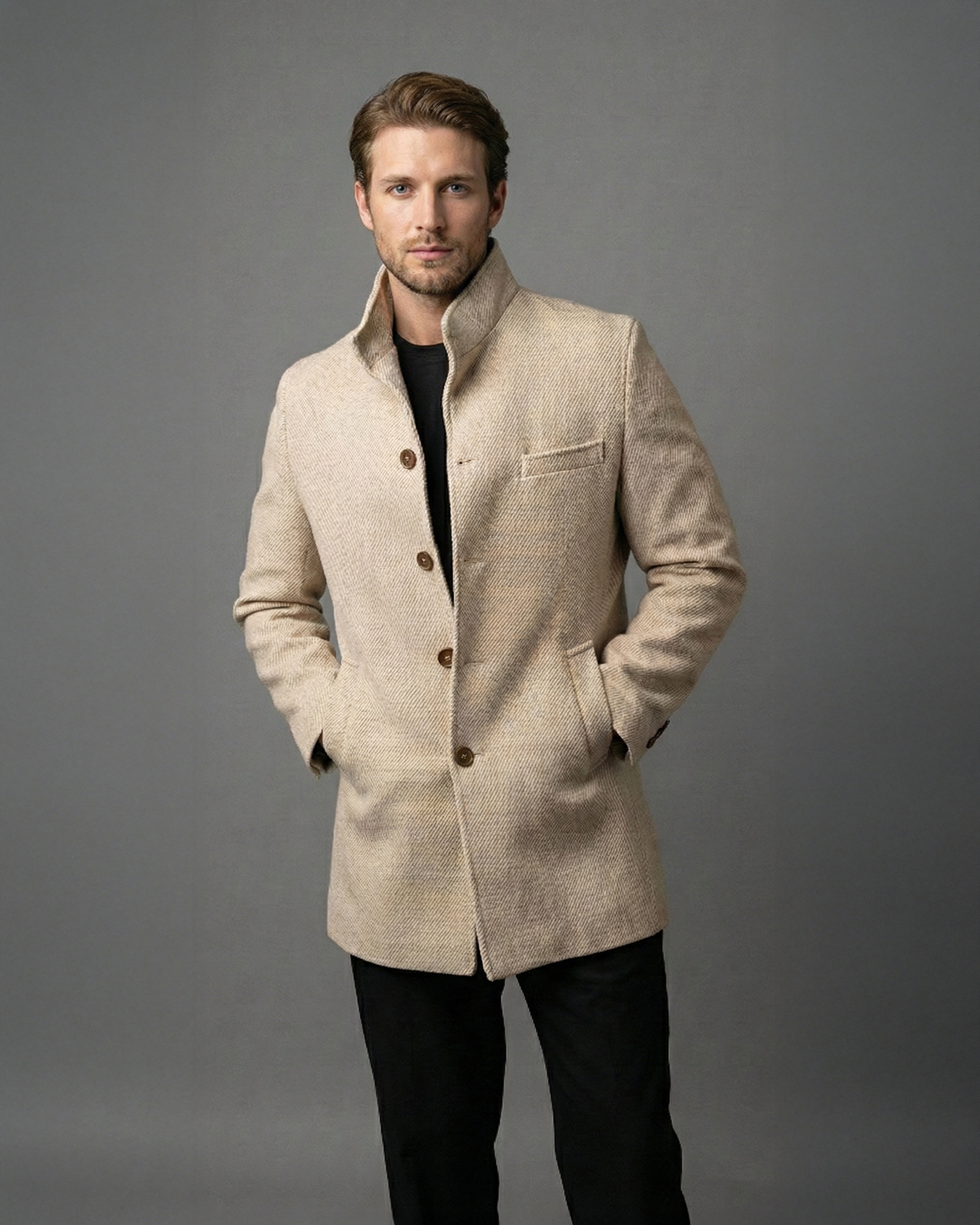 Beige Stand-Collar Overcoat