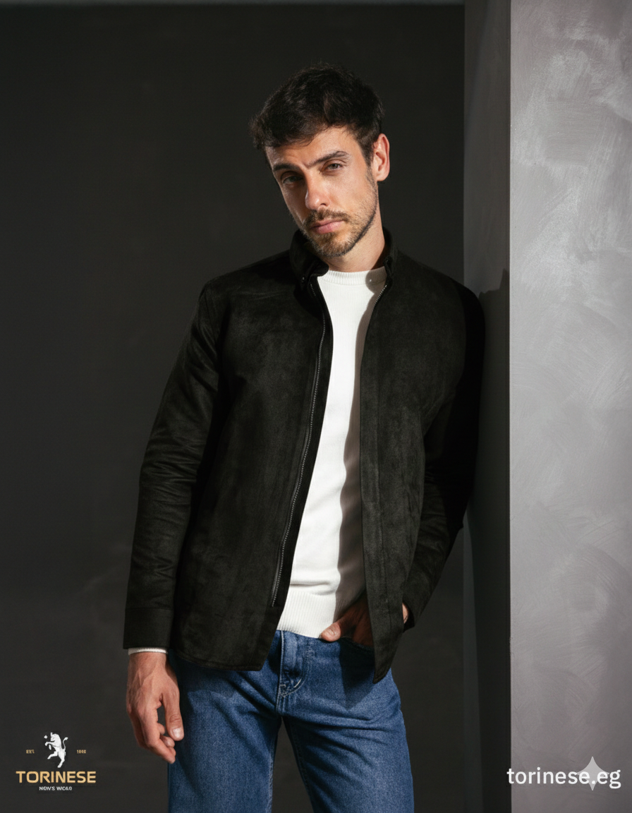 Black Suede-Finish Zip-Up Jacket