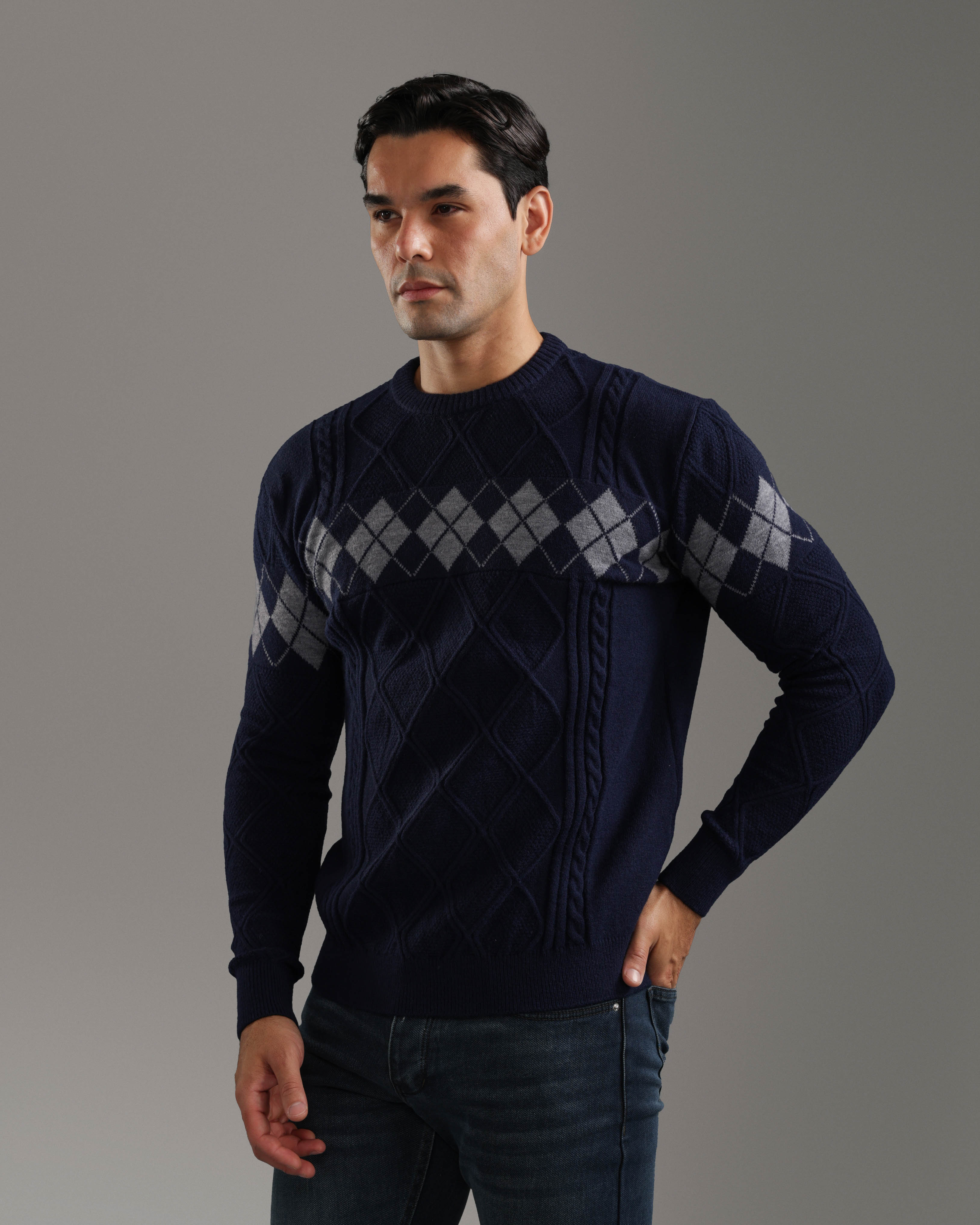 Navy Argyle Knit Pullover