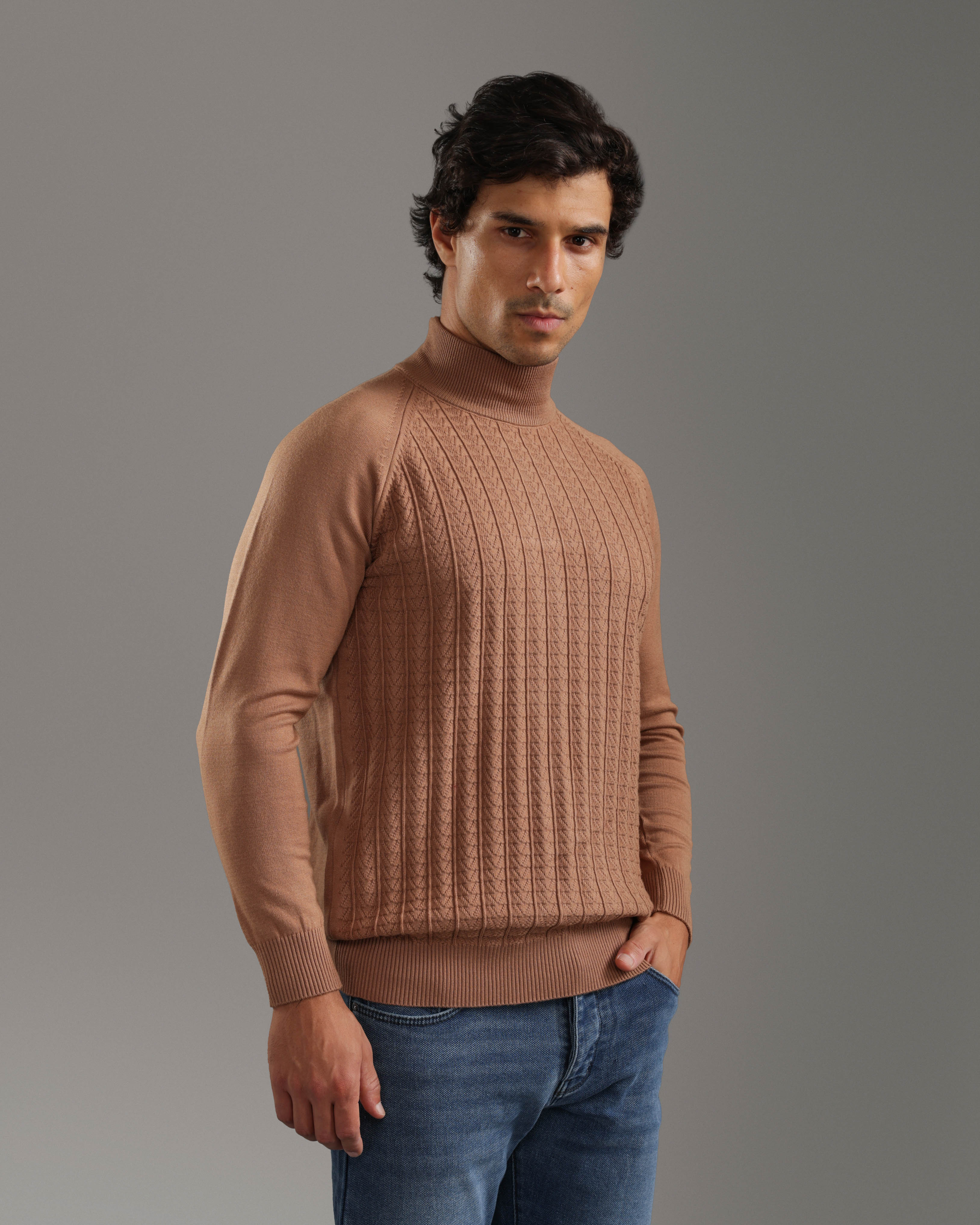 Camel Cable Knit Turtleneck Pullover