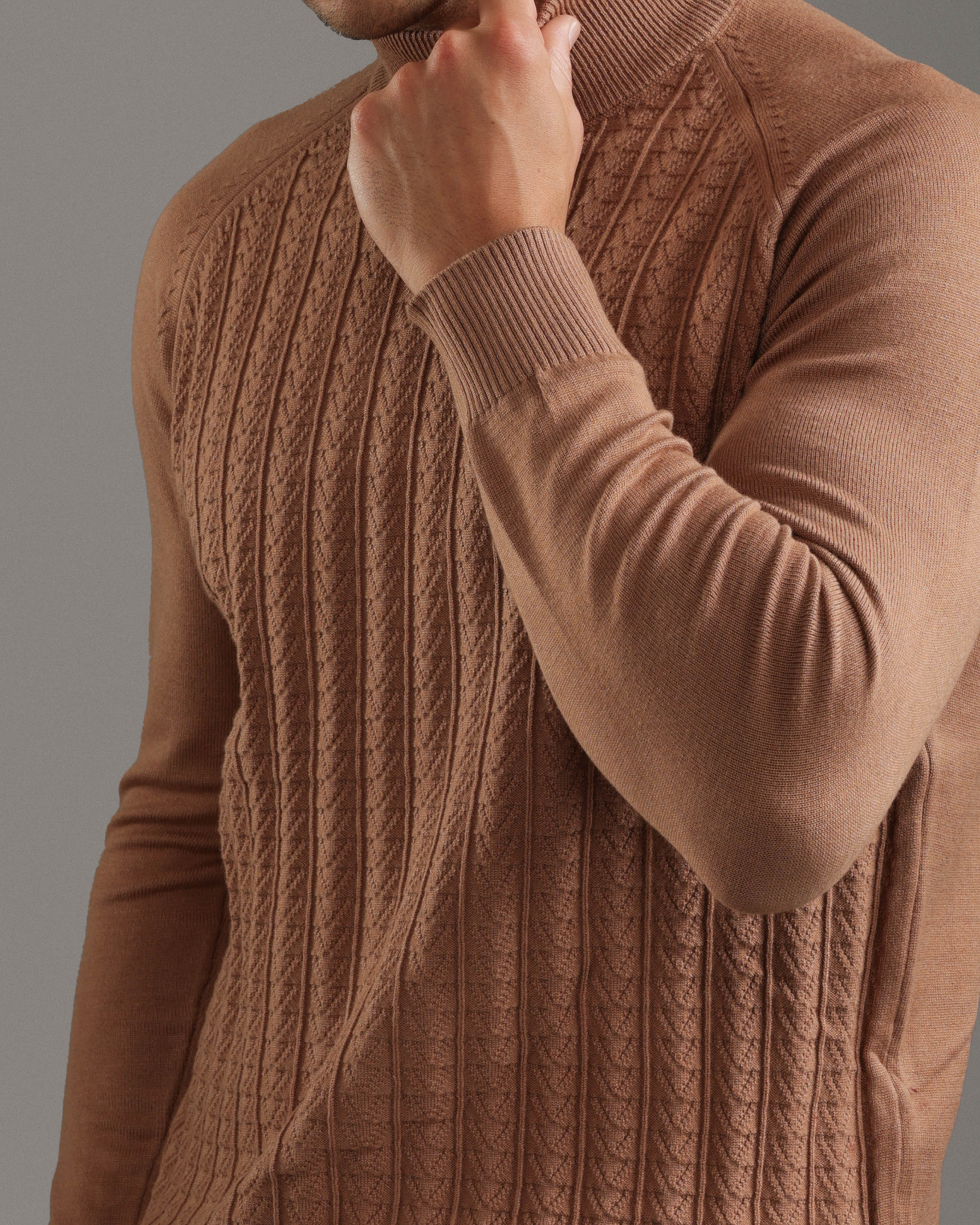 Camel Cable Knit Turtleneck Pullover
