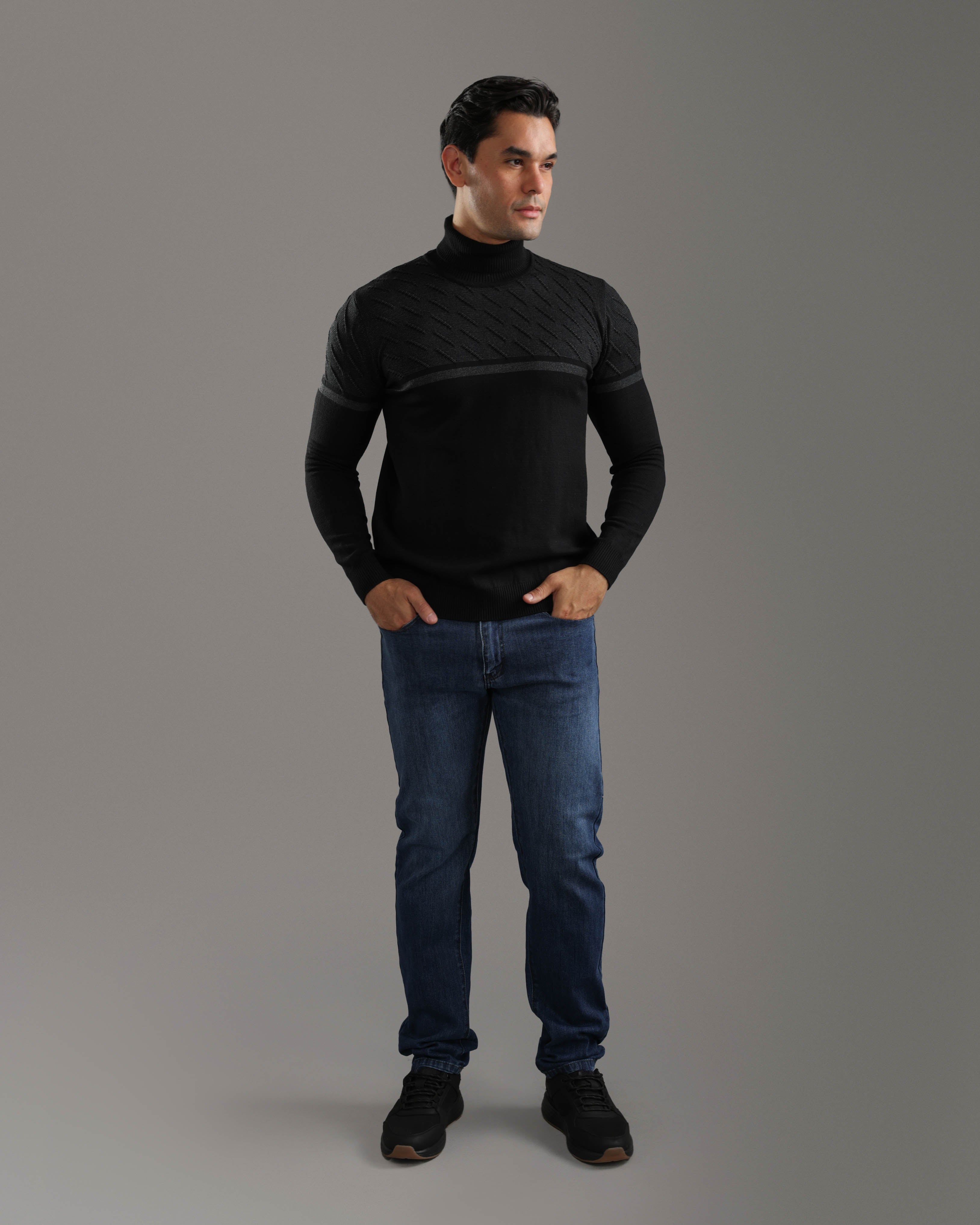 Black Patterned Turtleneck Sweater