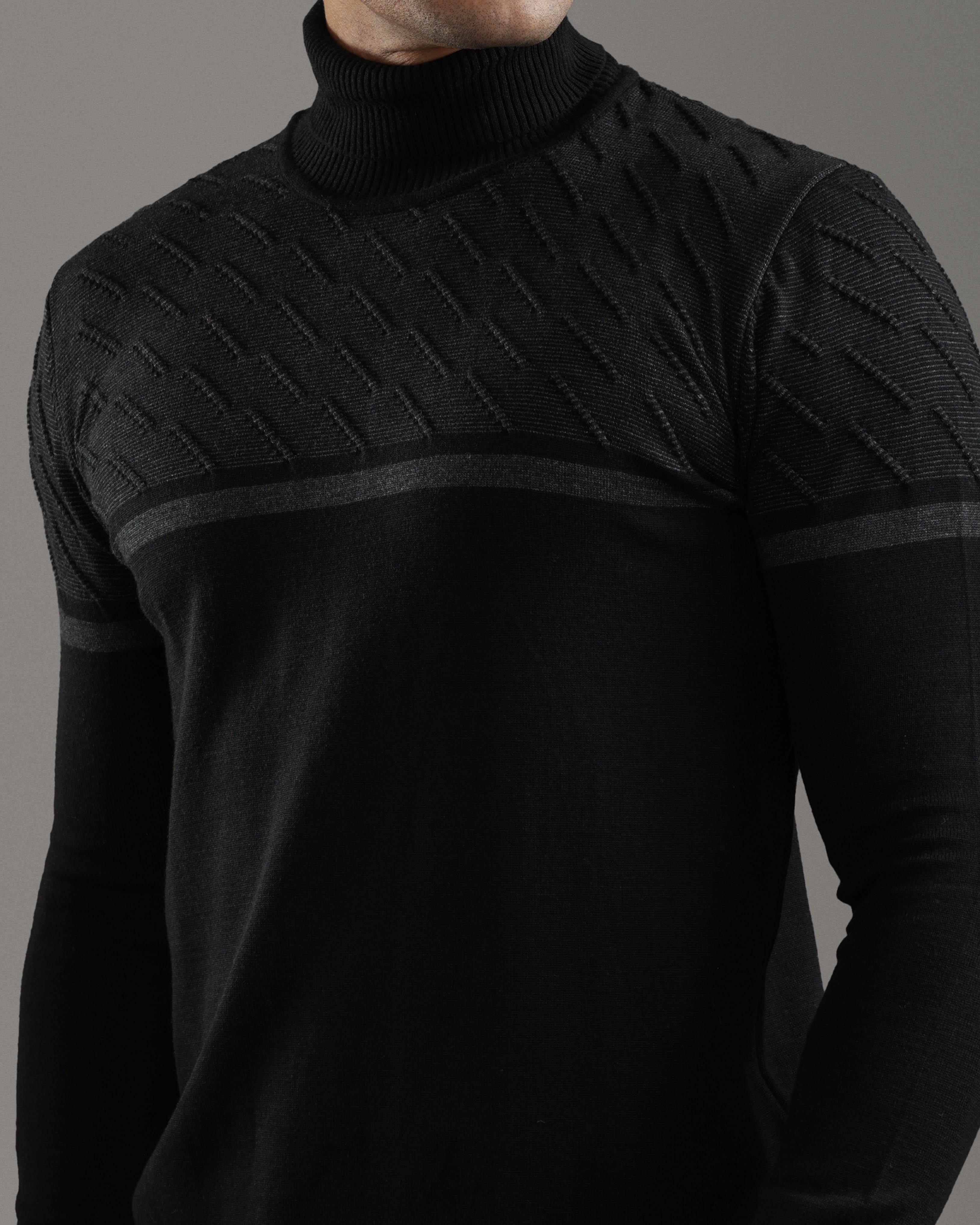 Black Patterned Turtleneck Sweater